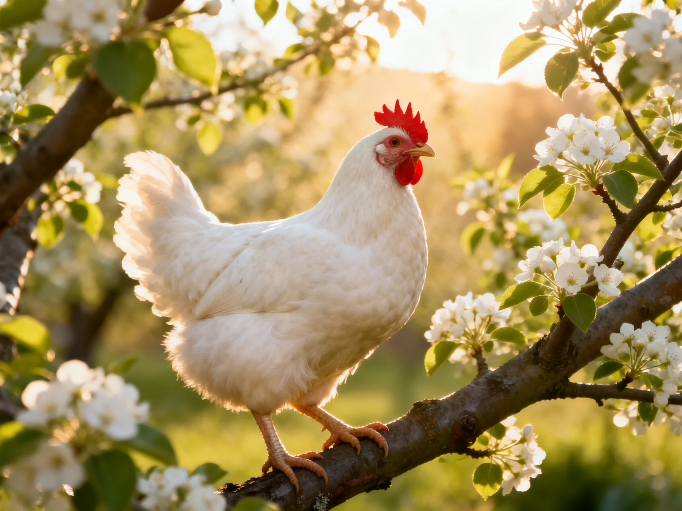 White chicken perched on flowering branch with golden sunlight
