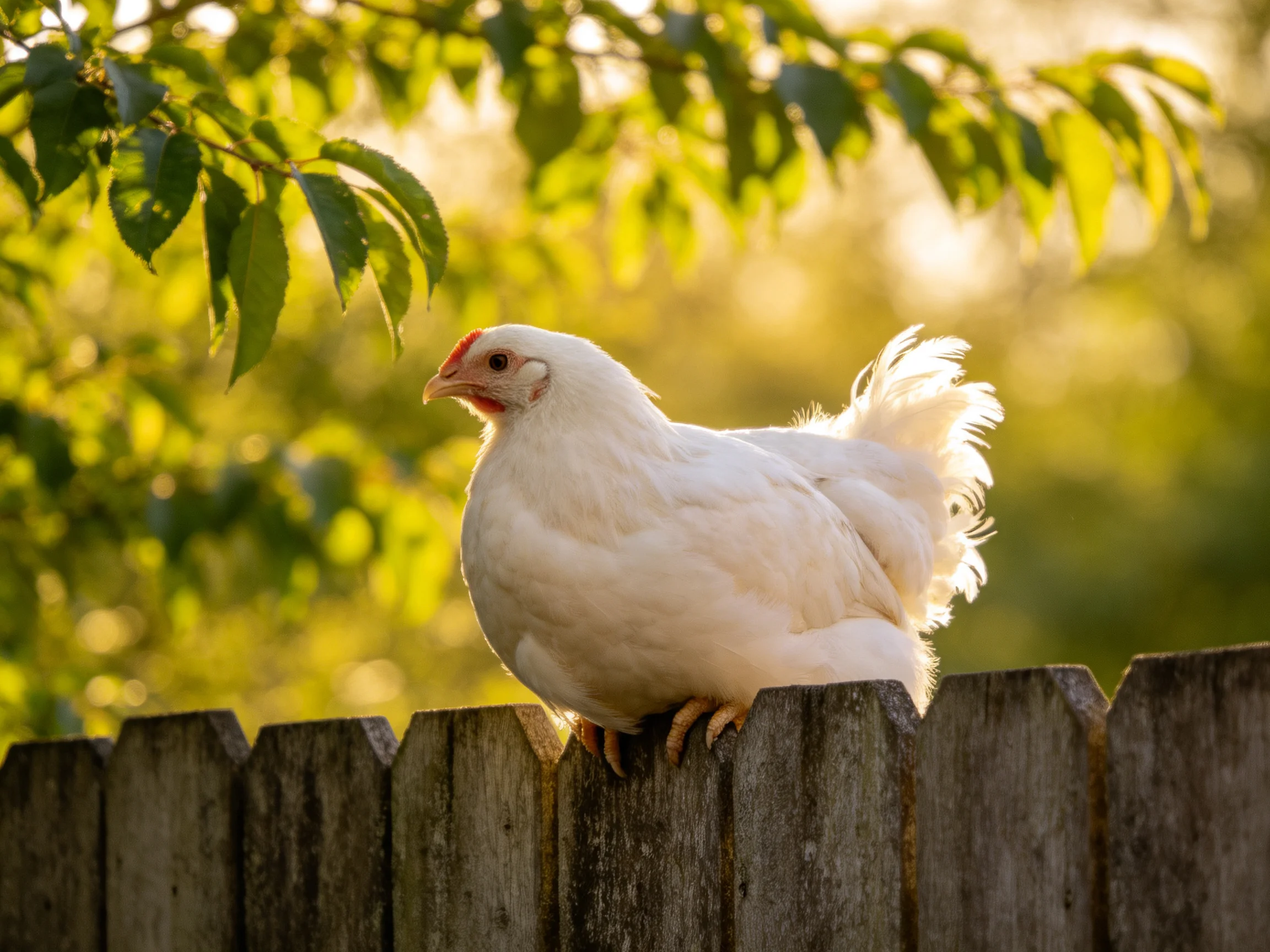 White chicken perched on weathered wooden fence amid golden sunlight