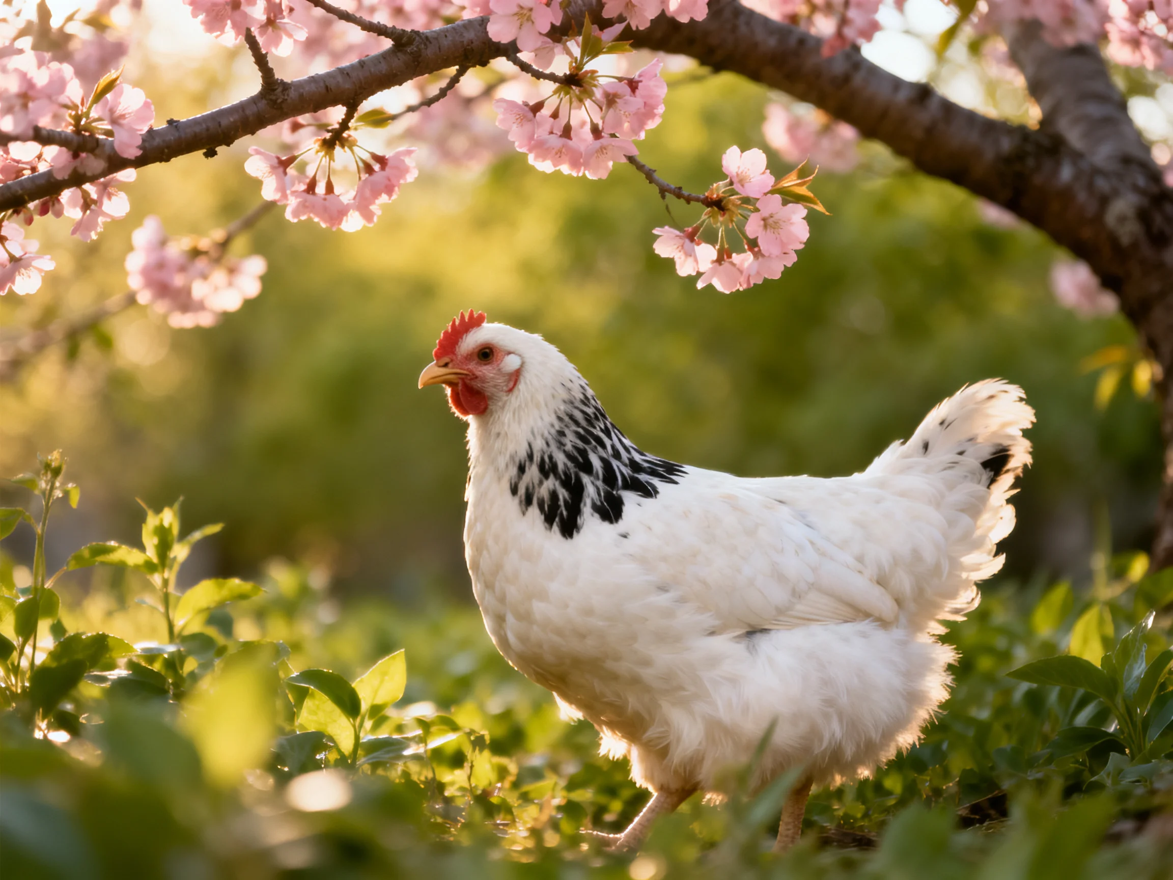 White chicken with black markings near blooming pink cherry blossoms