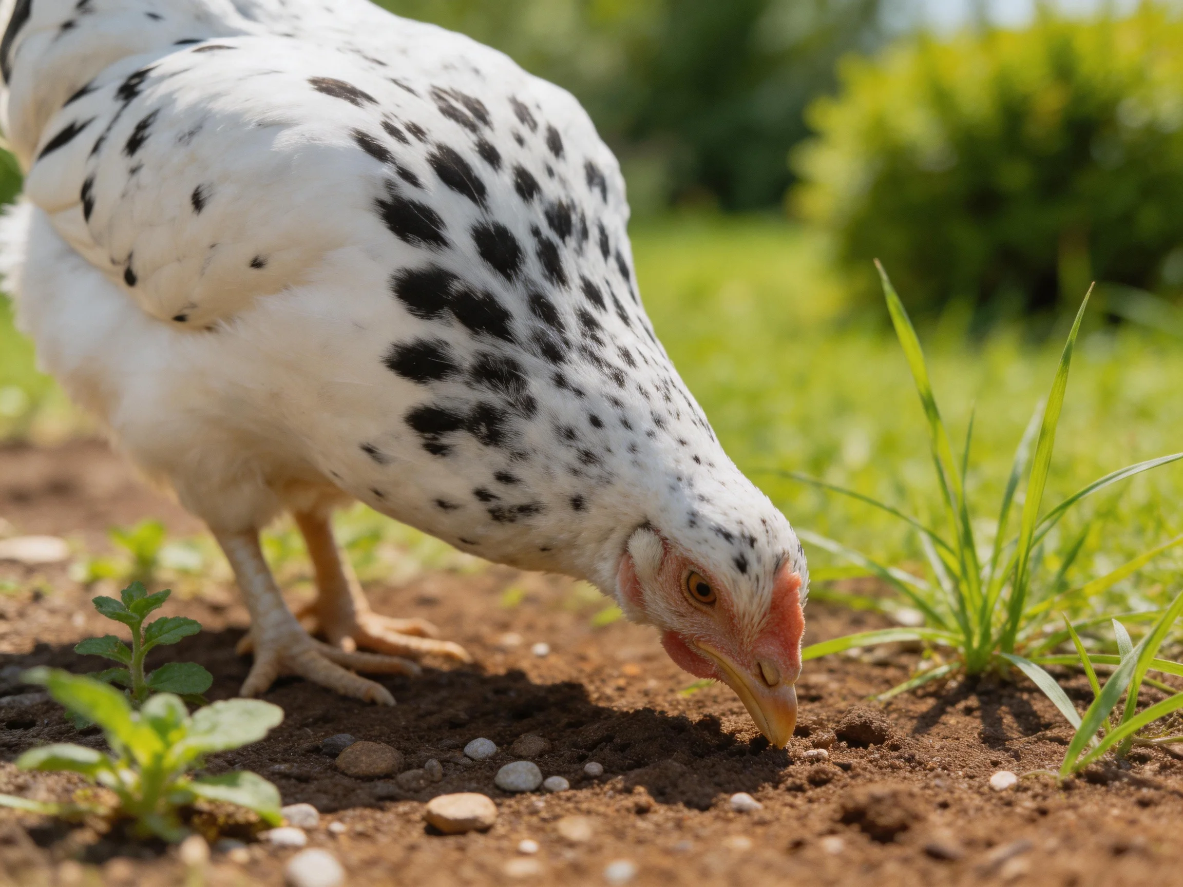 White chicken with black spots pecking at soil near green plants