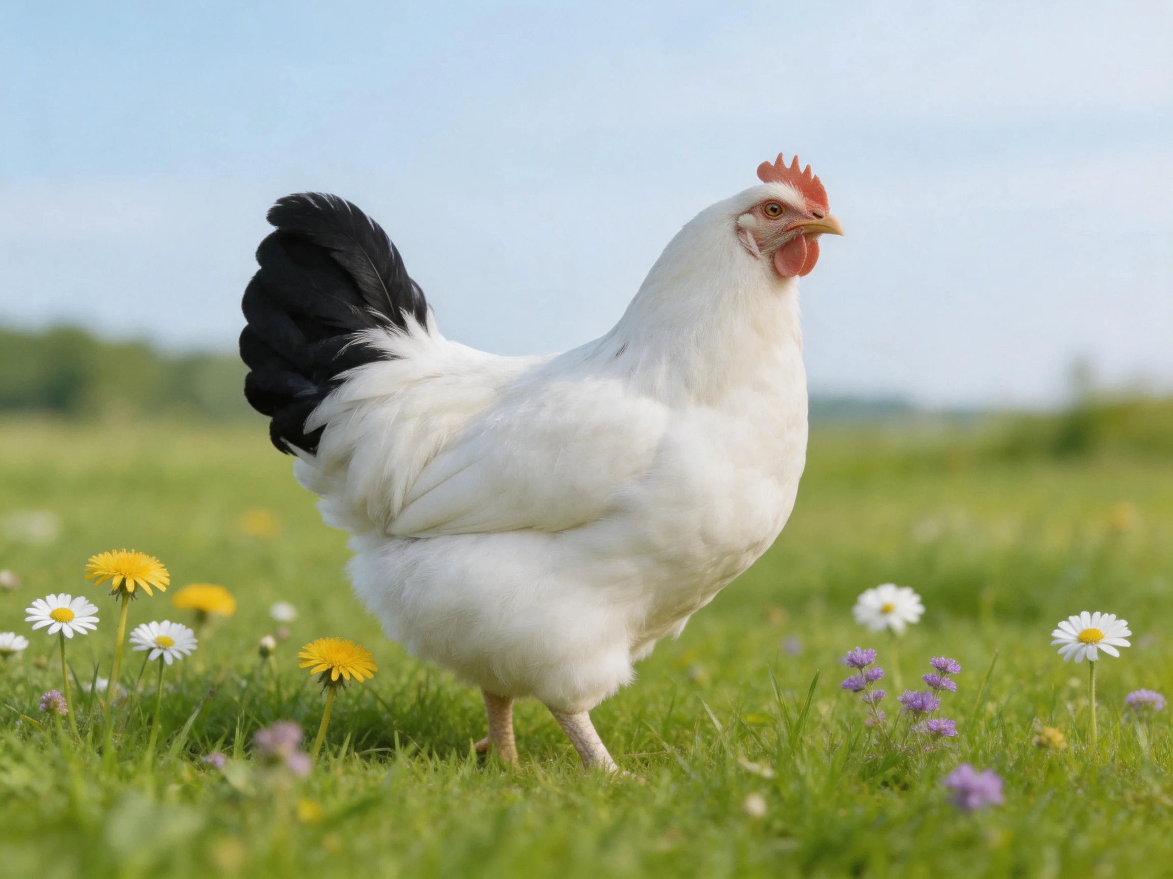 White chicken with black tail feathers in a flower-filled meadow