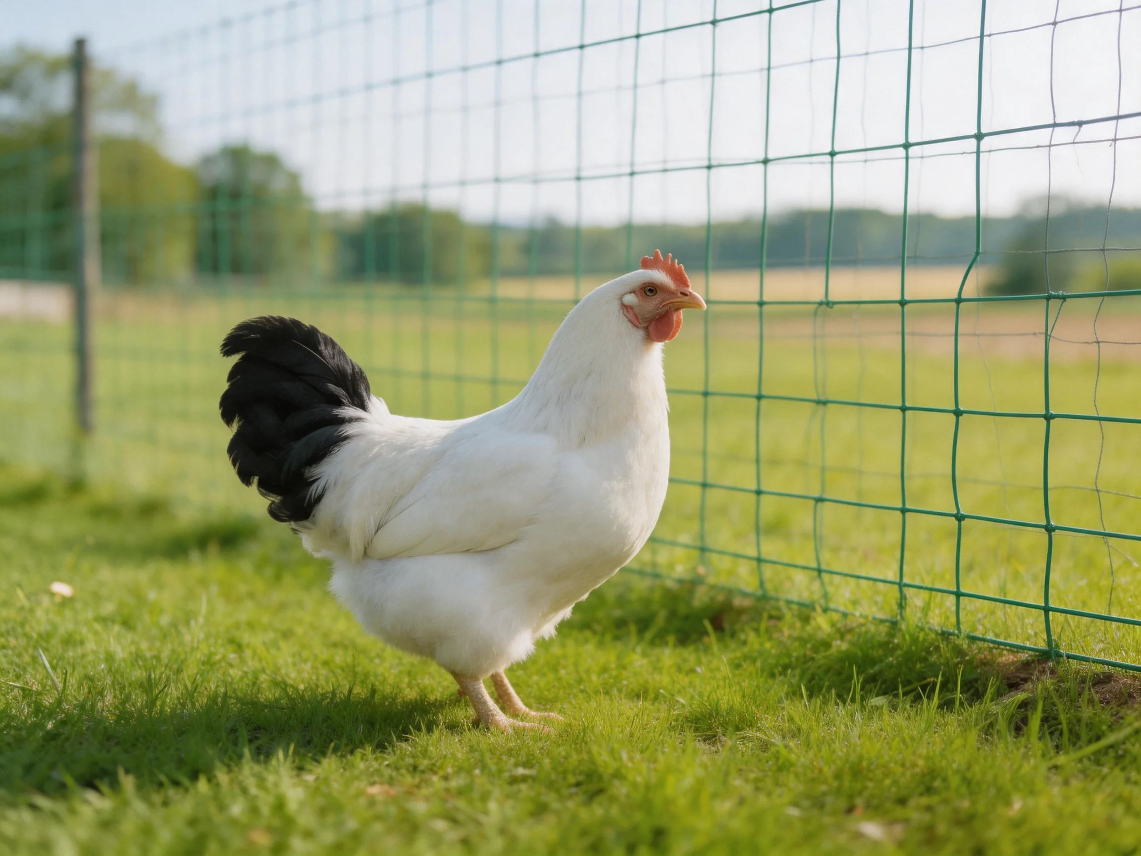 White chicken with black tail feathers near green fence on grassy field