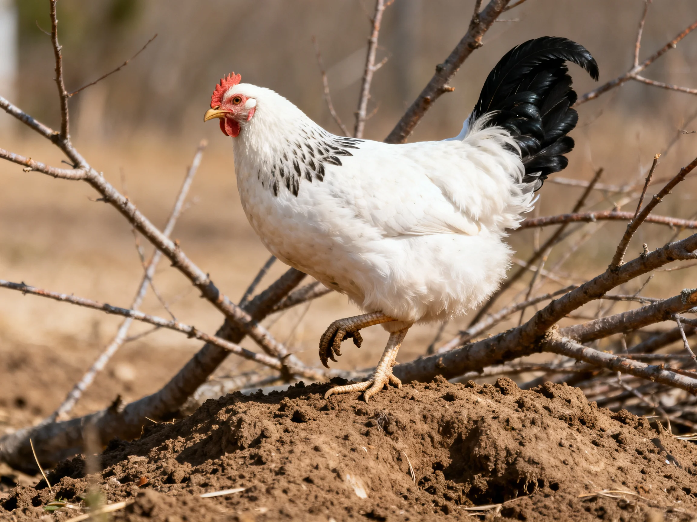 White chicken with black tail feathers walking on brown soil near bare branches