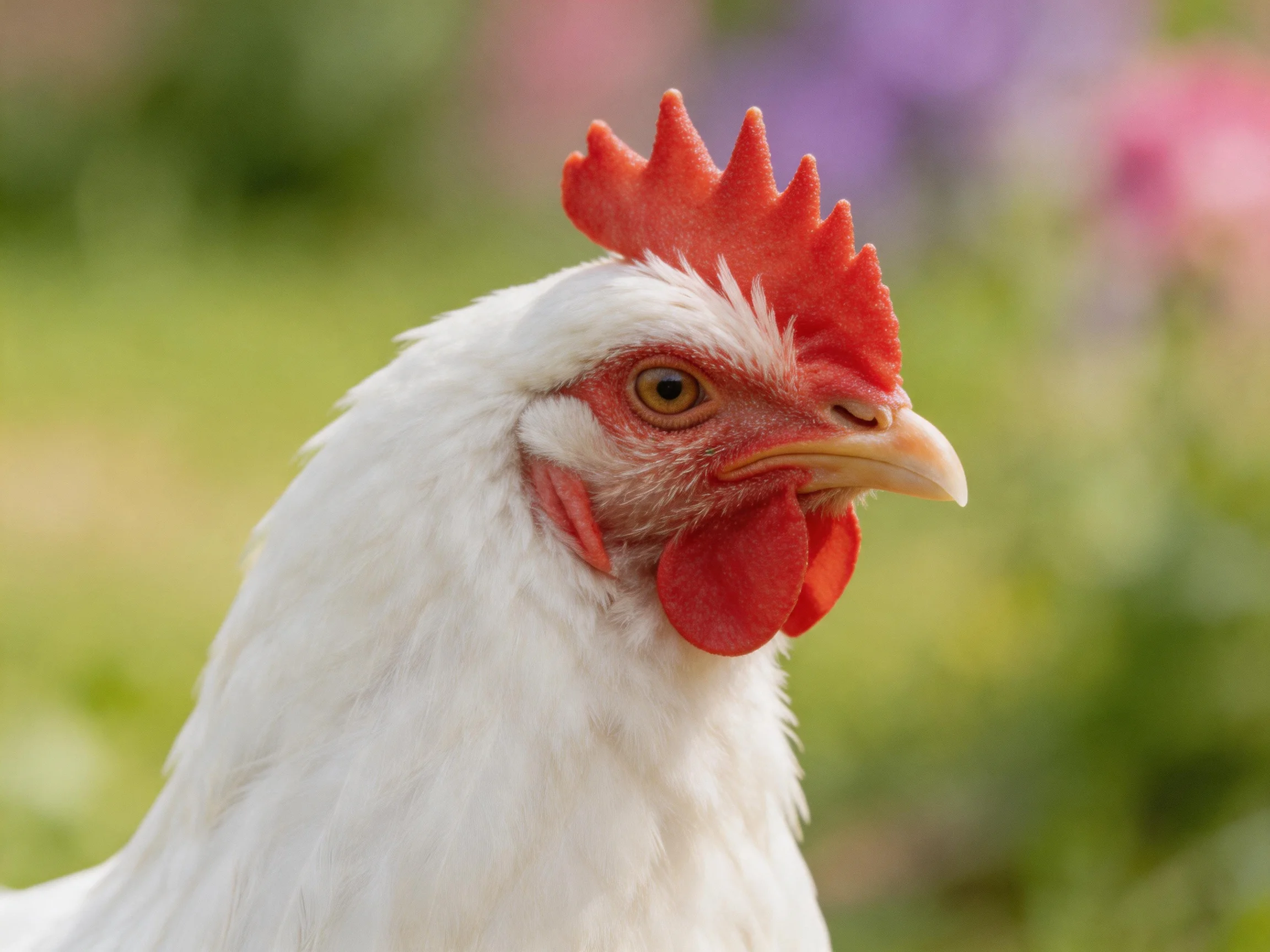 White chicken with bright red comb and wattles outdoors