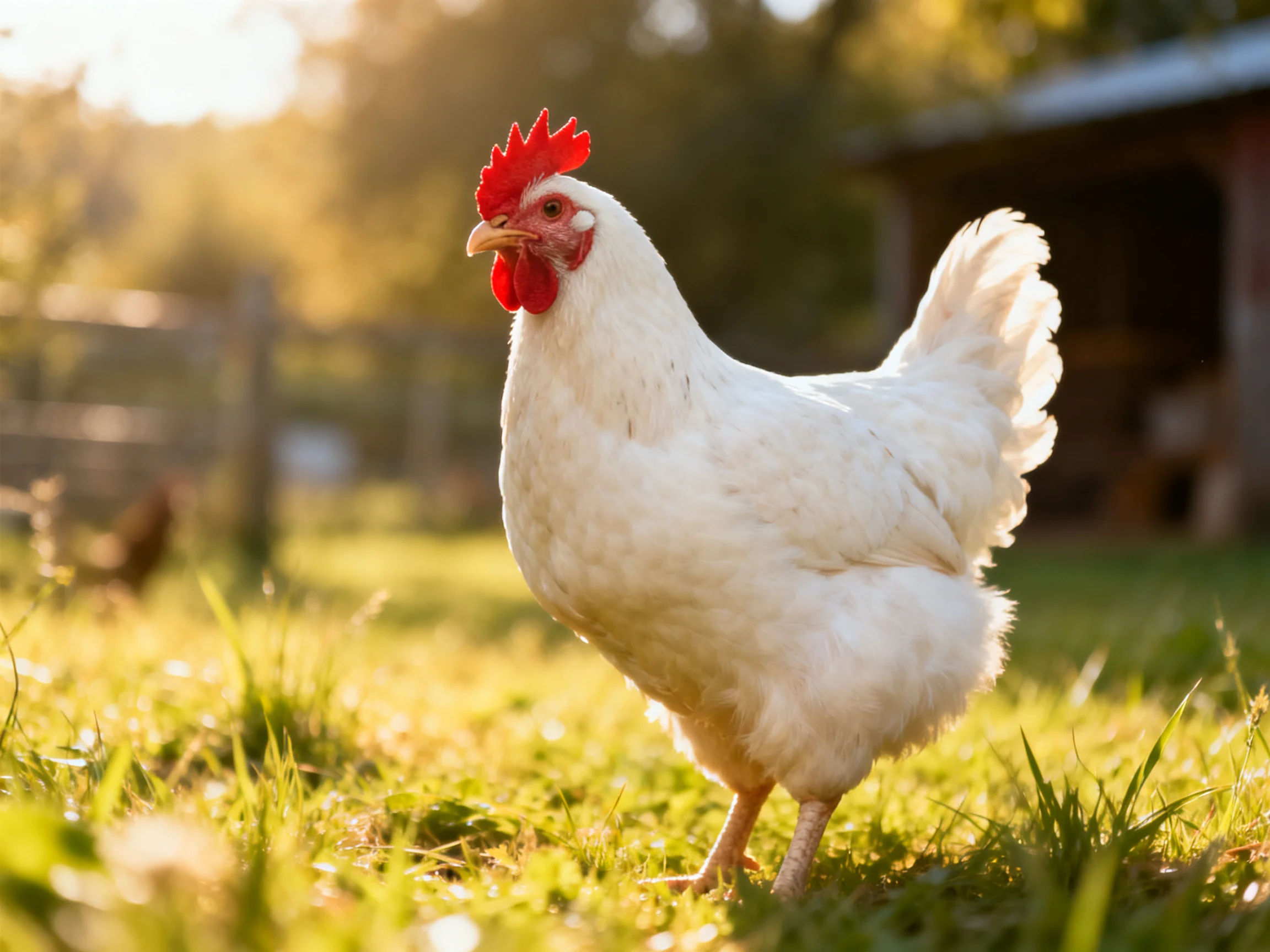 White chicken with bright red comb standing on sunlit grass near farm buildings