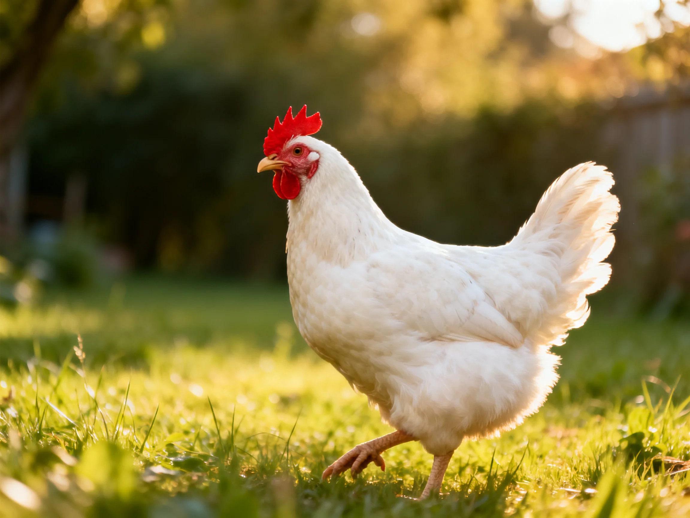 White chicken with bright red comb walking on sunlit grass outdoors