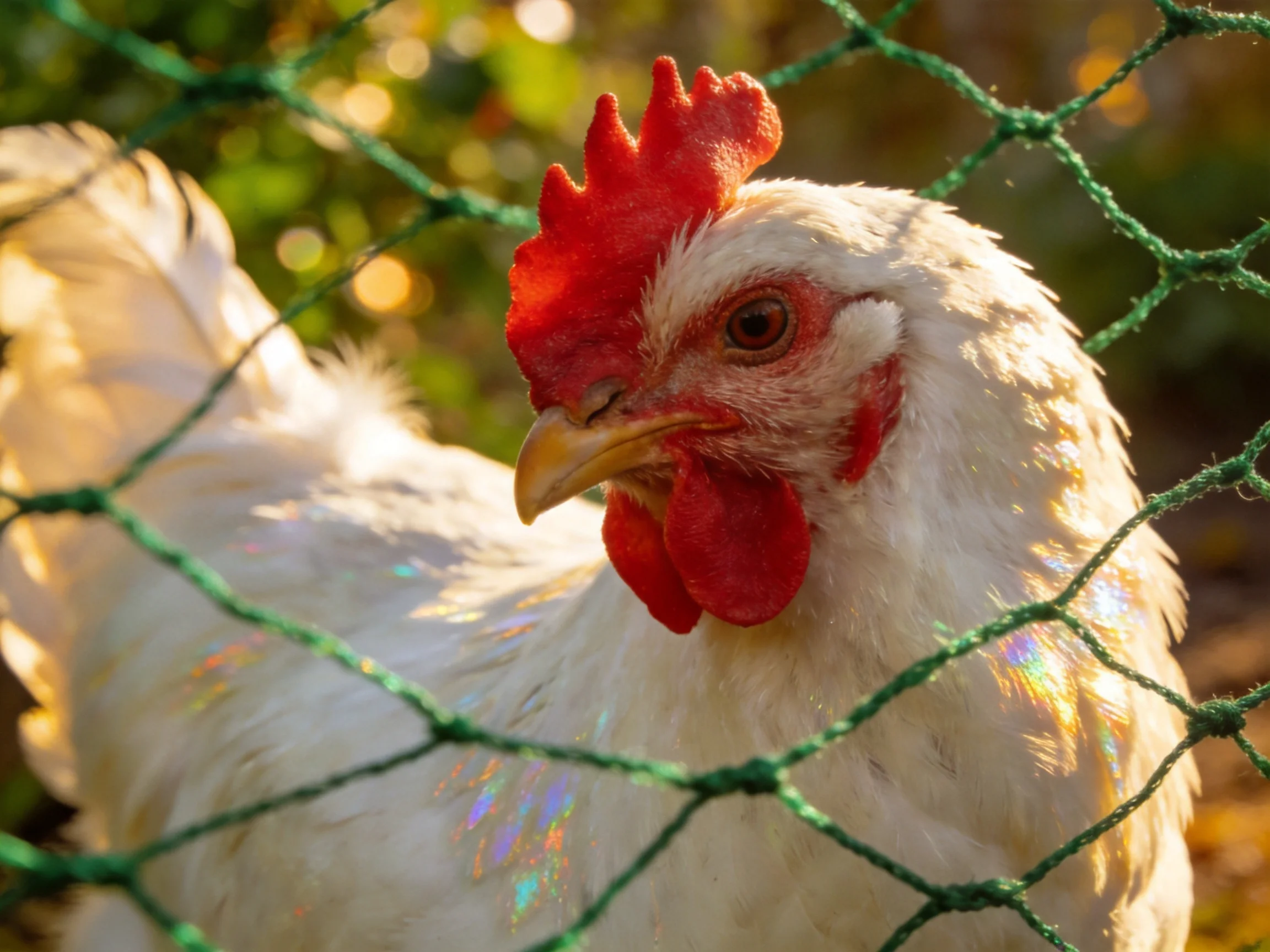 White chicken with red comb behind green netting in sunlight