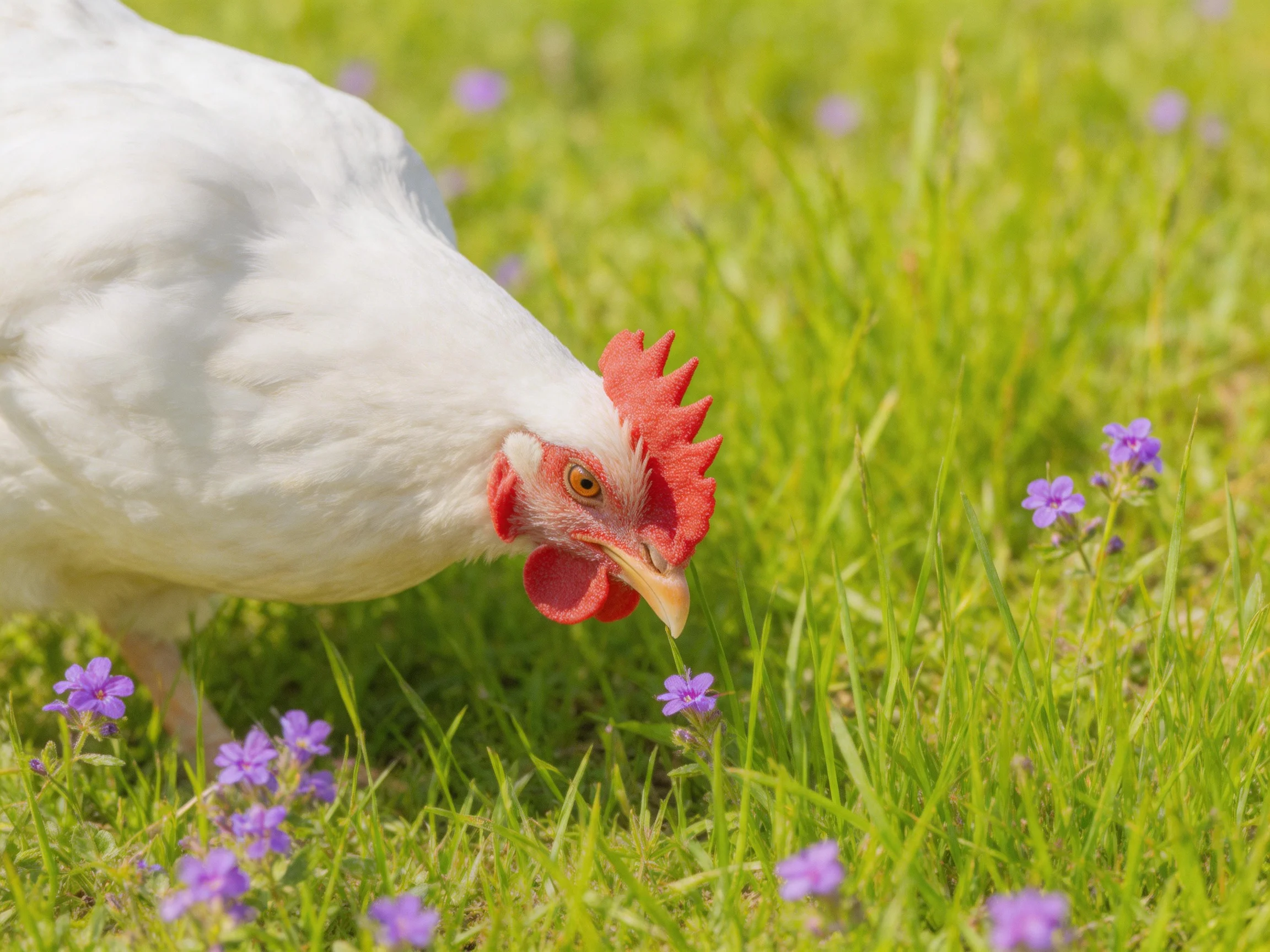 A white chicken with a red comb pecks at purple flowers in green grass.