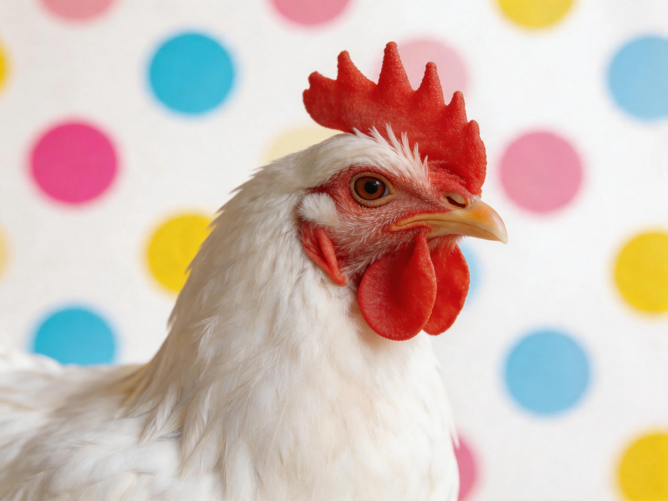 White chicken with red comb near colorful polka dot background
