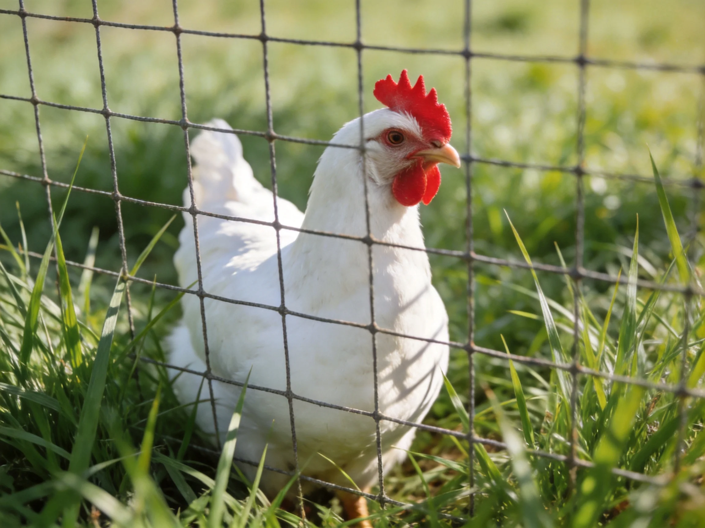 White chicken with red comb near wire fence in green grass