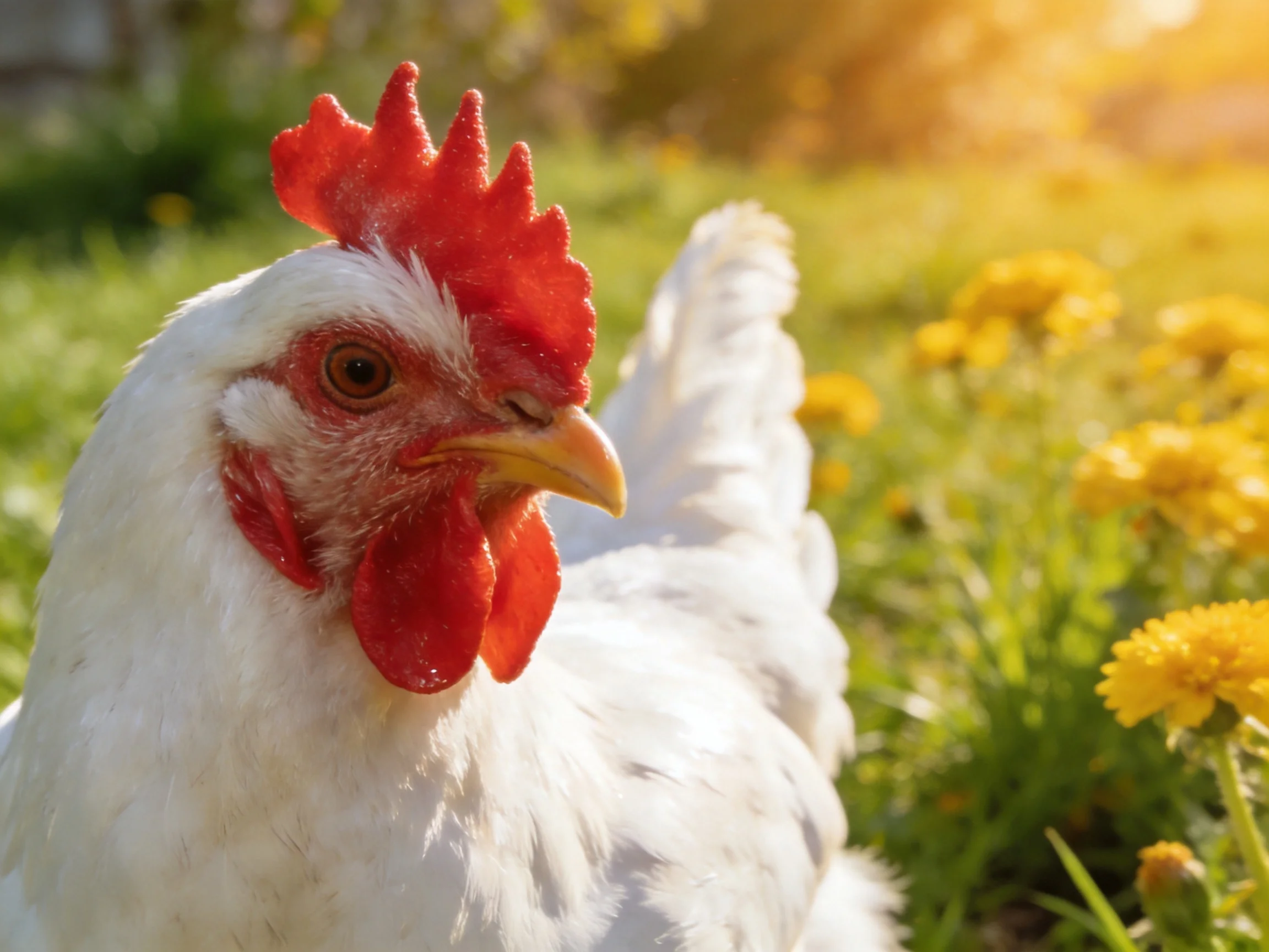 A white chicken with red features stands near yellow flowers in sunlight.
