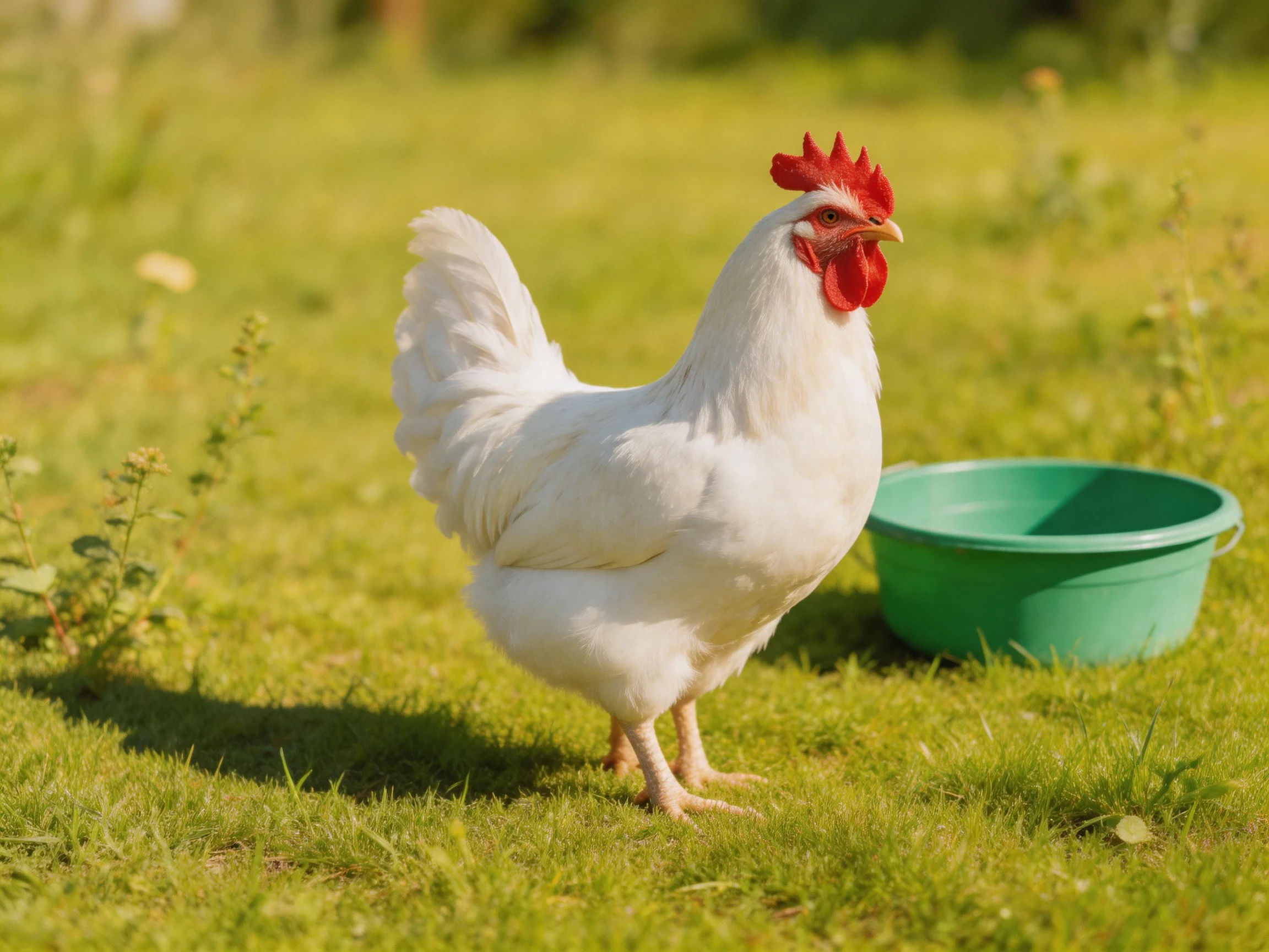 White chicken with red comb stands on grass by a green bucket.