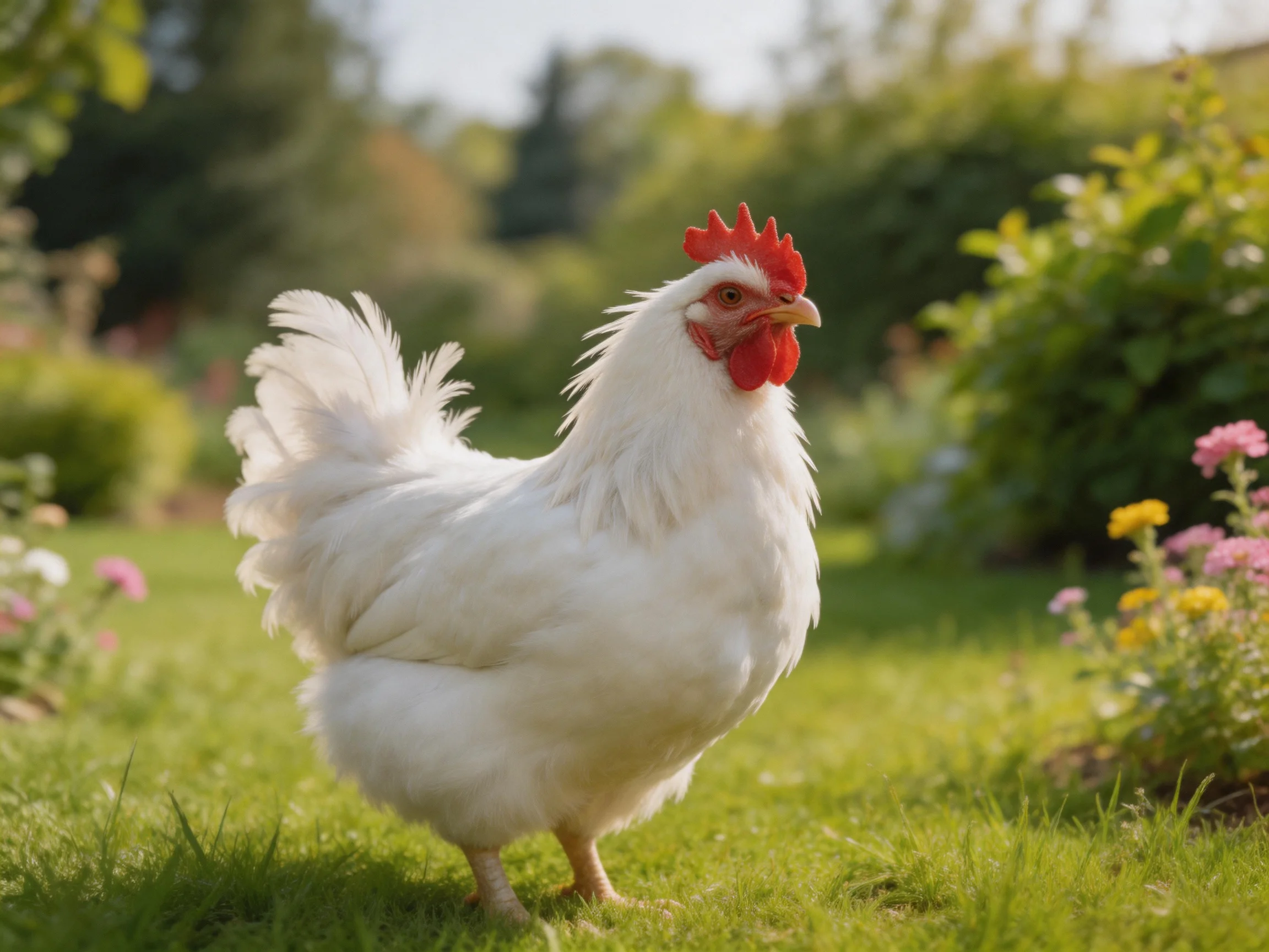A white chicken with a red comb roams a flower-filled garden on green grass.