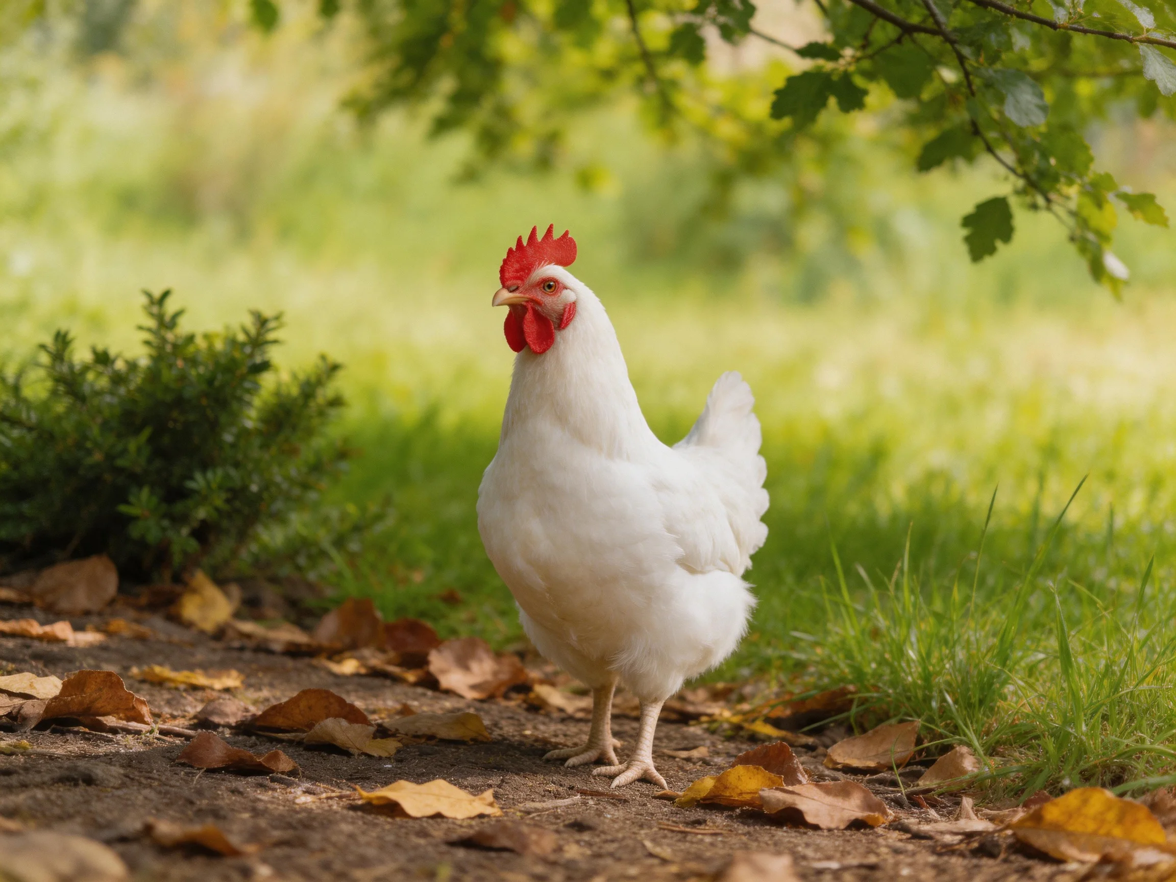A white chicken with a red comb walks along a leaf-covered path near green vegetation.