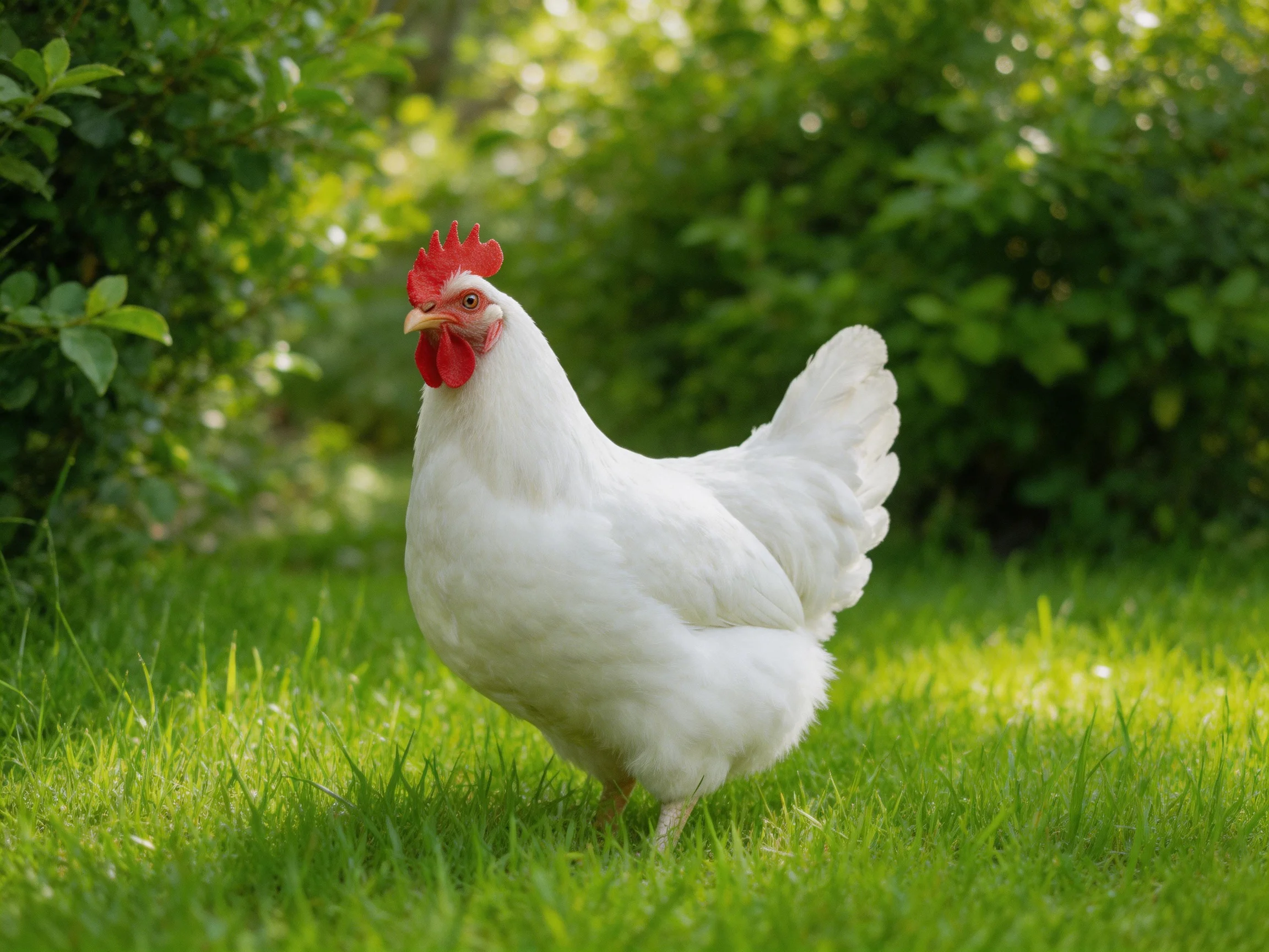 White chicken with red comb on lush green grass