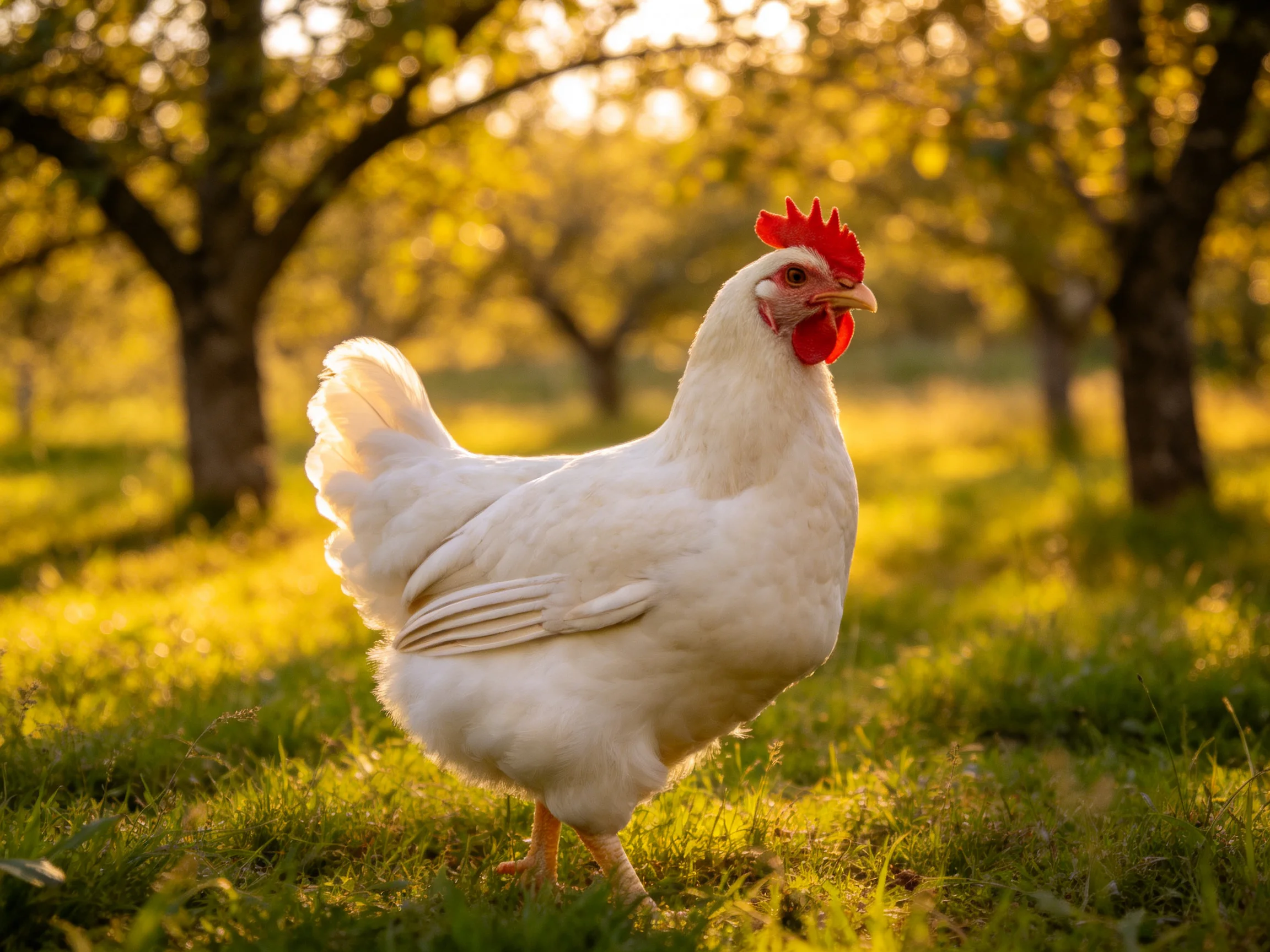 A white chicken with a red comb roams sunlit grass in a tree-filled area.