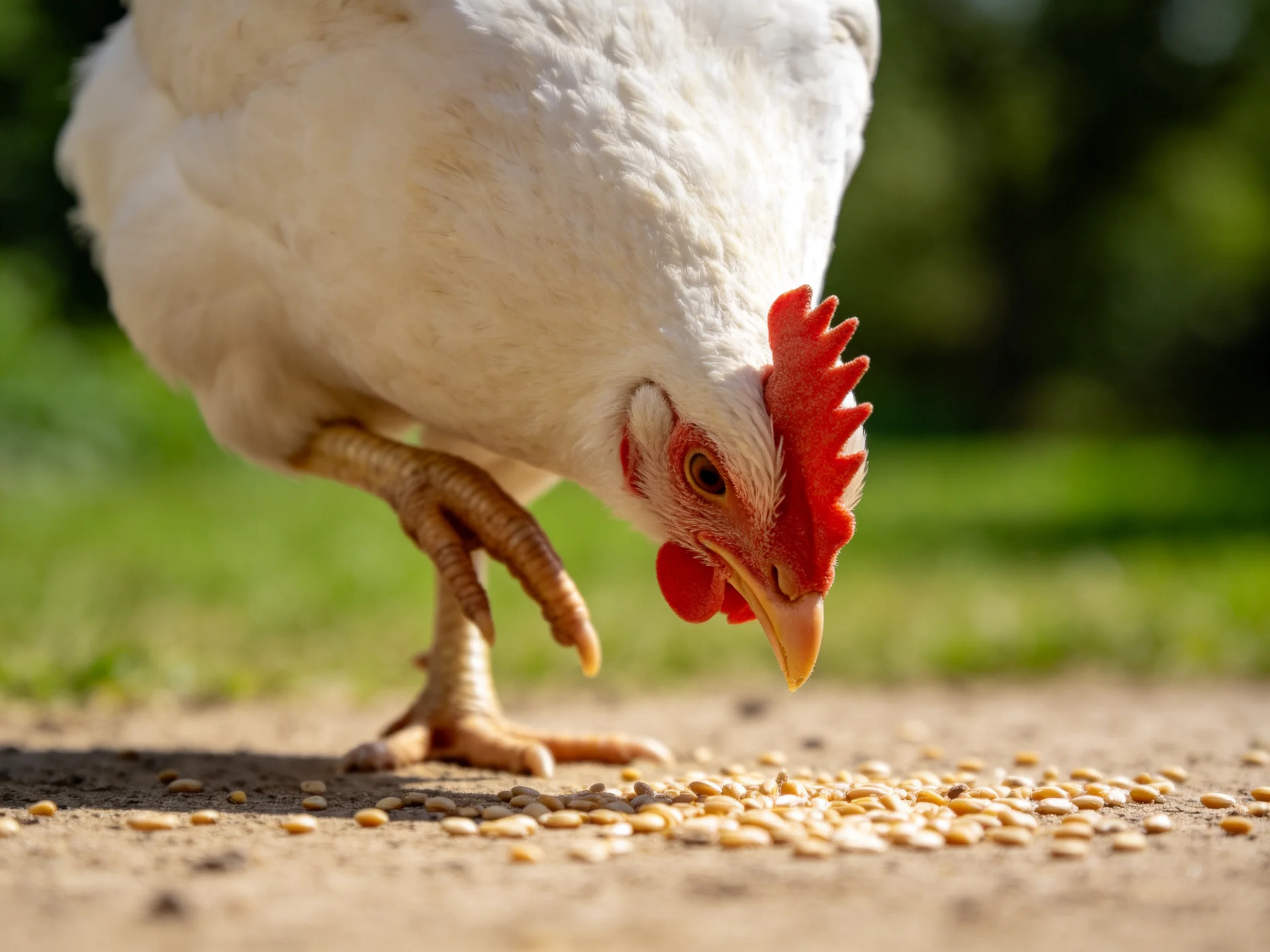 A white chicken pecks seeds on a dirt path in an outdoor area.