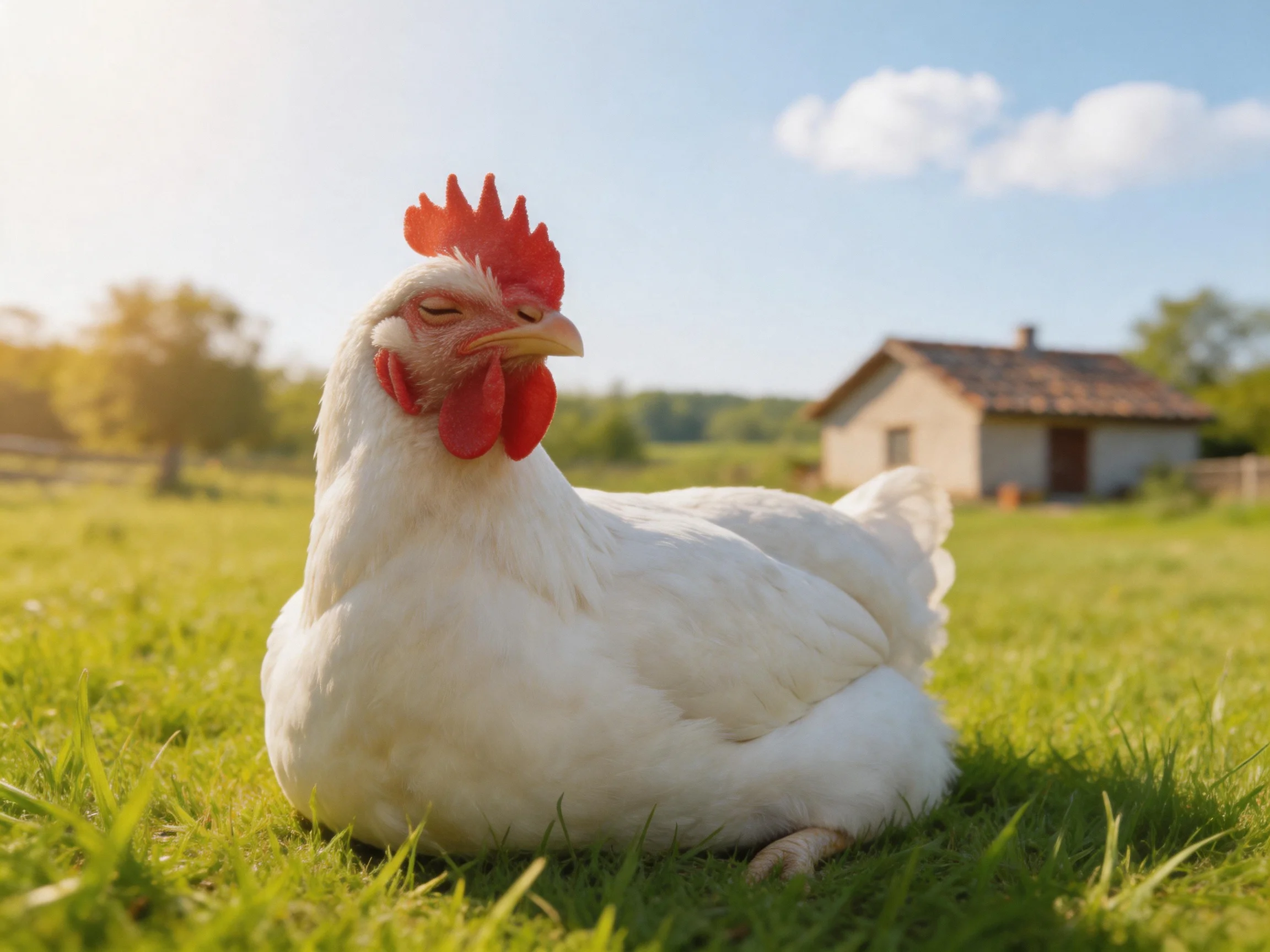 A white chicken with a red comb rests on grass near a rural house.