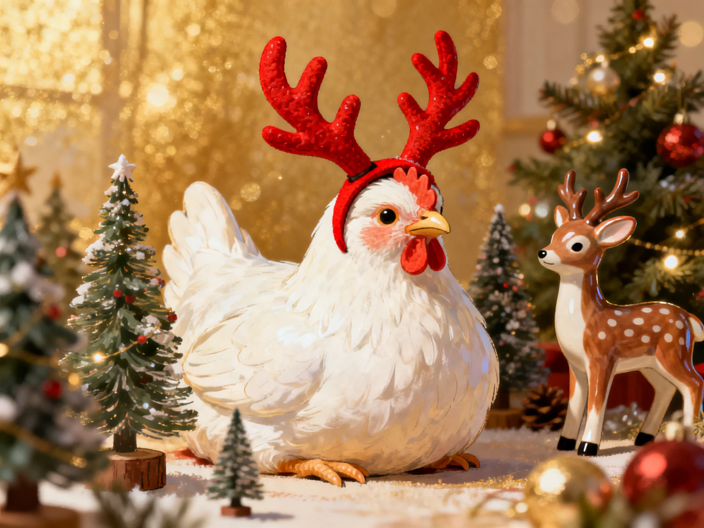 White chicken with red reindeer antlers amid Christmas decorations