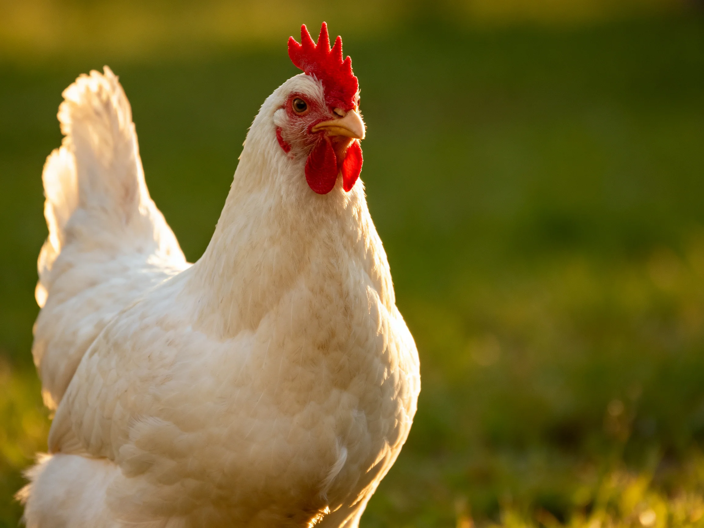 White chicken with vibrant red comb on sunlit grass
