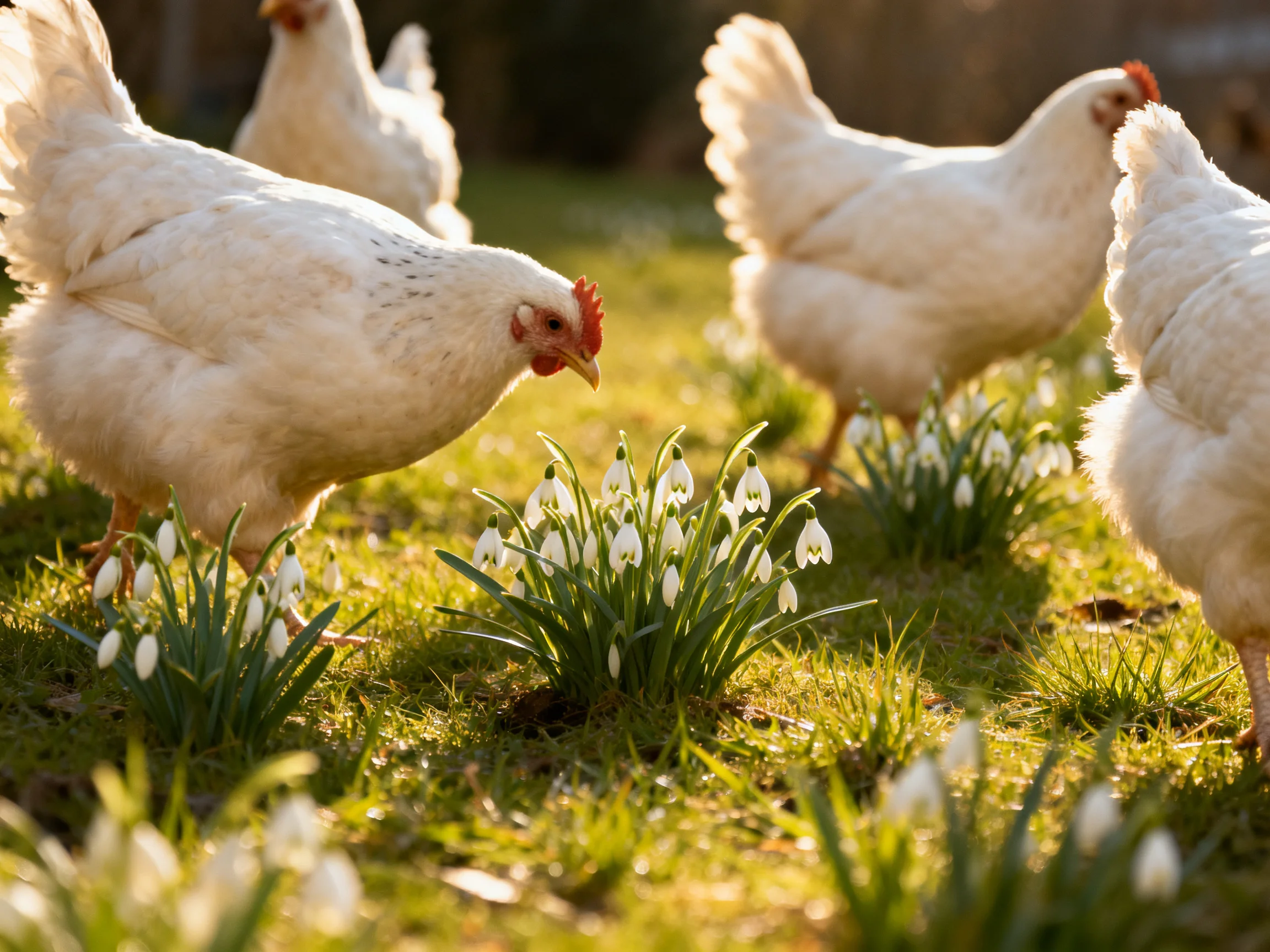 White chickens foraging near snowdrop flowers in a sunlit meadow