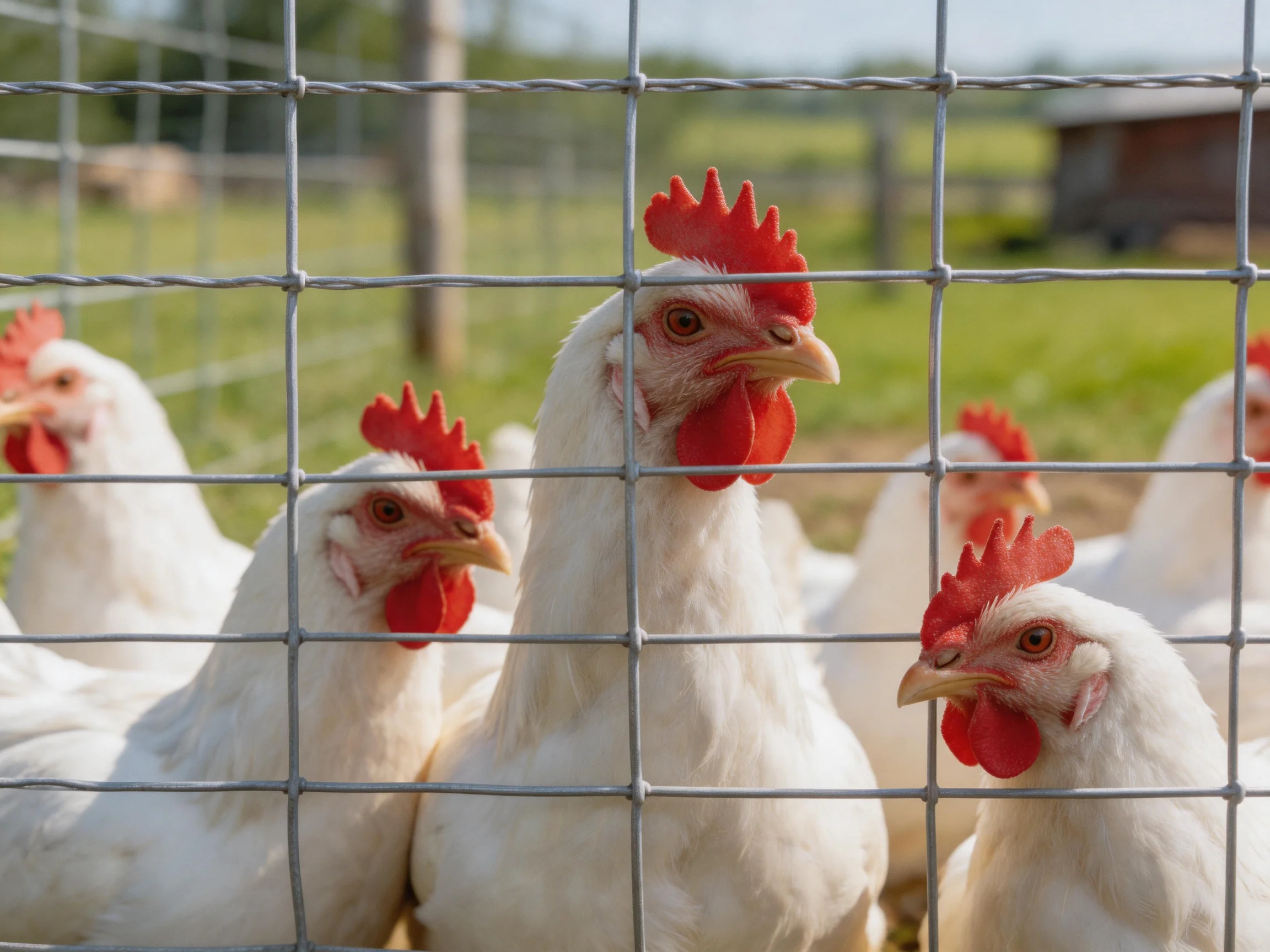 White chickens with red combs behind a metal grid fence