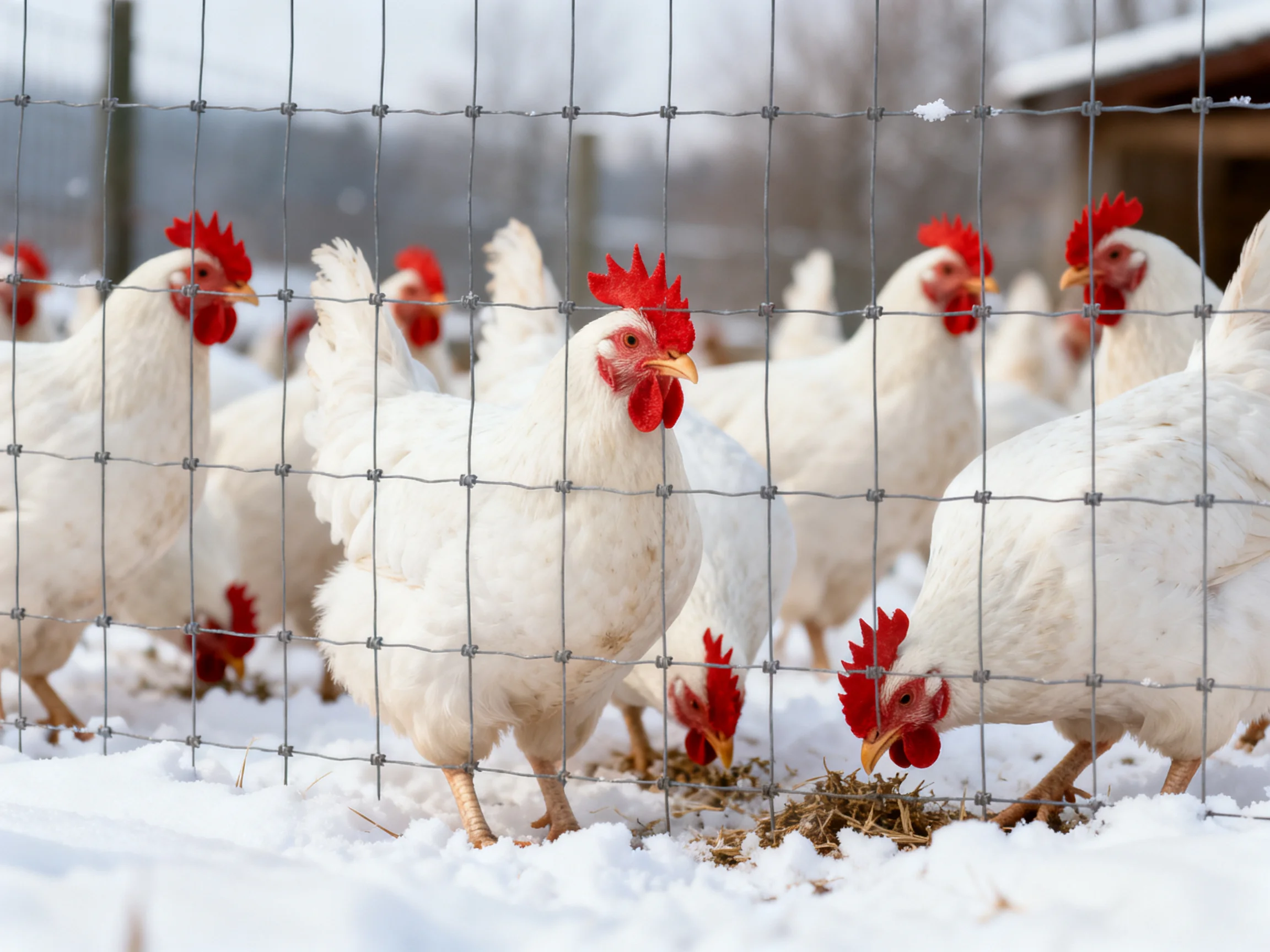 White chickens with red combs behind wire fence in snowy field