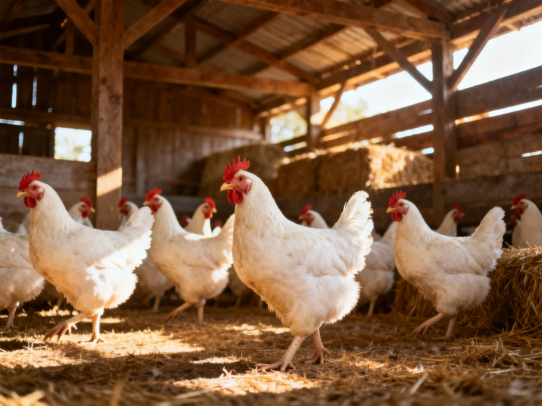 White chickens with red combs in a sunlit wooden farm coop with straw bedding