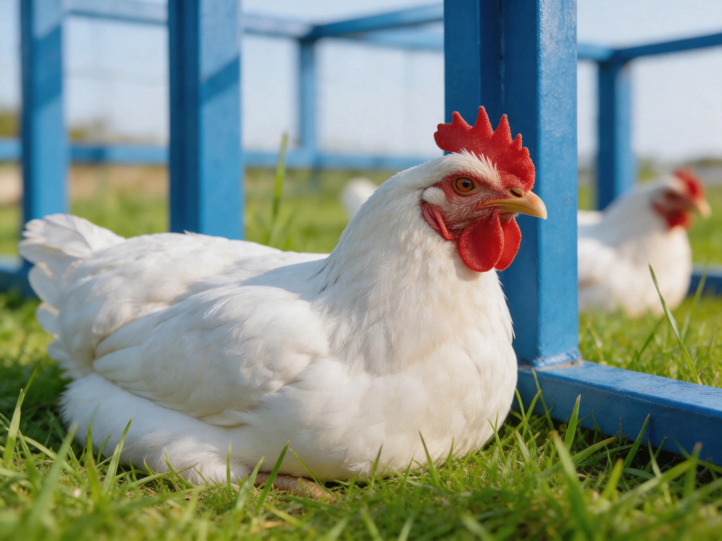 White chickens with red combs near blue wooden posts on grass