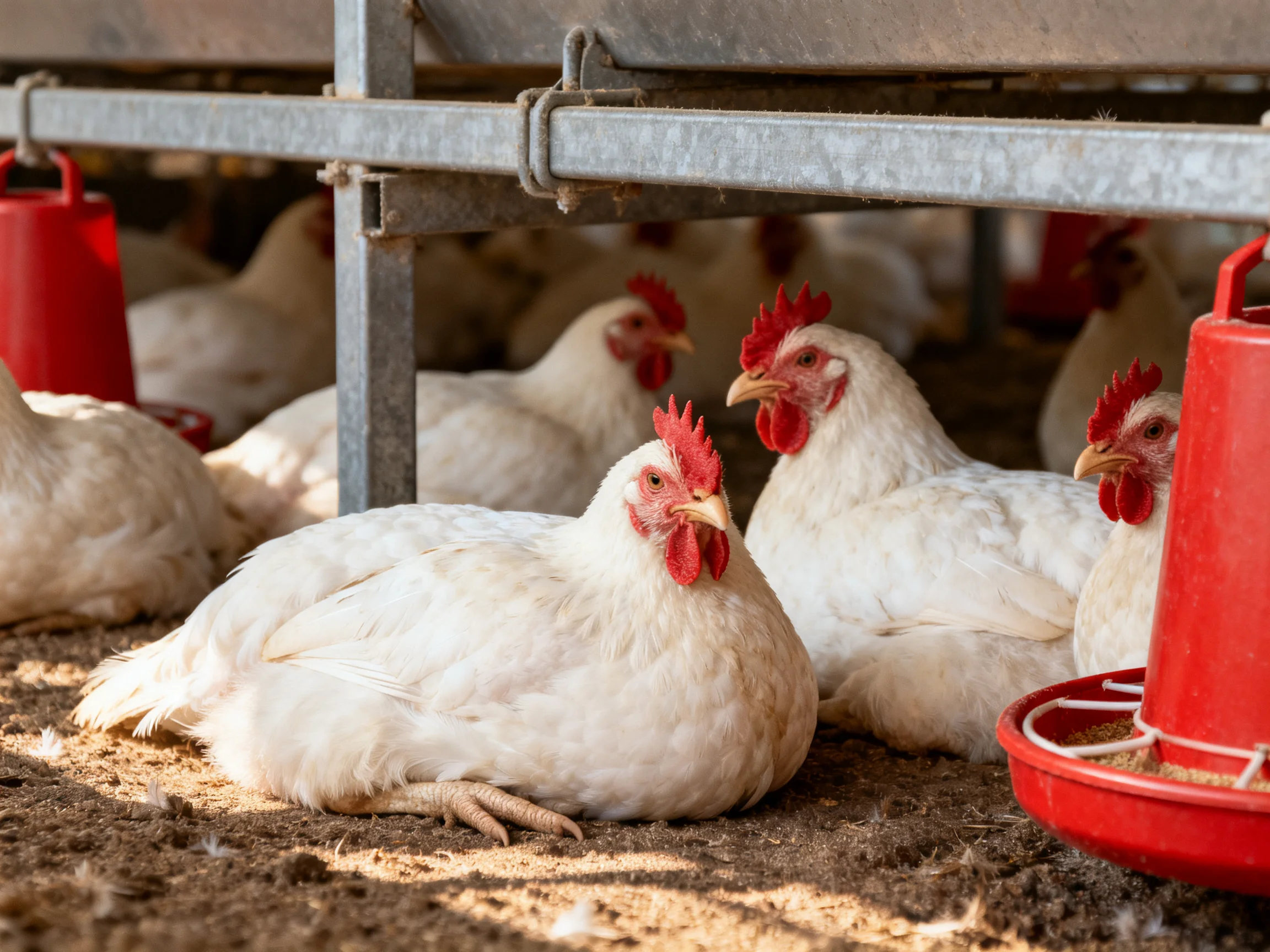White chickens with red combs near red feeders under metal farm structures