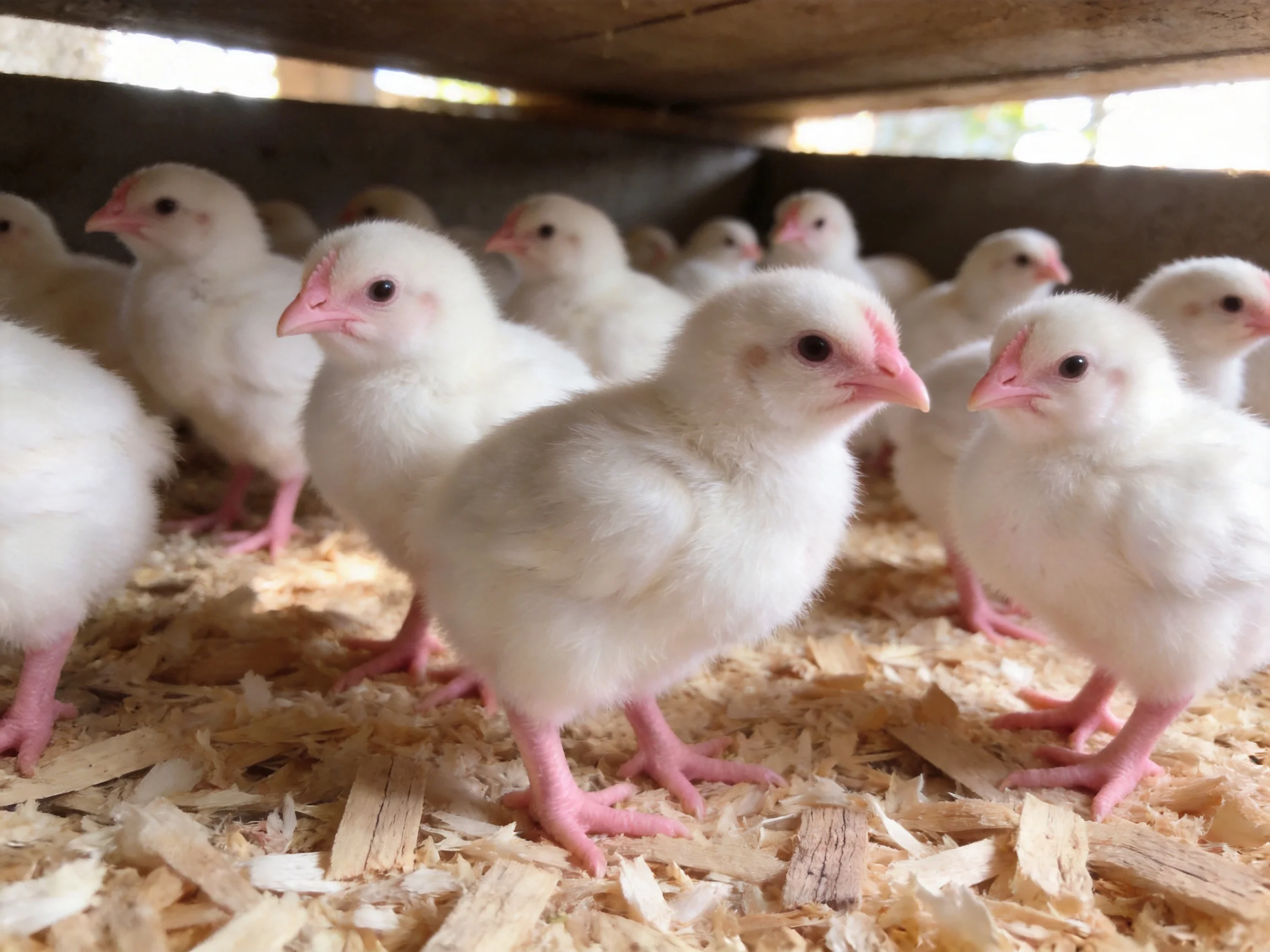 White chicks gathered in a wooden enclosure with wood shavings