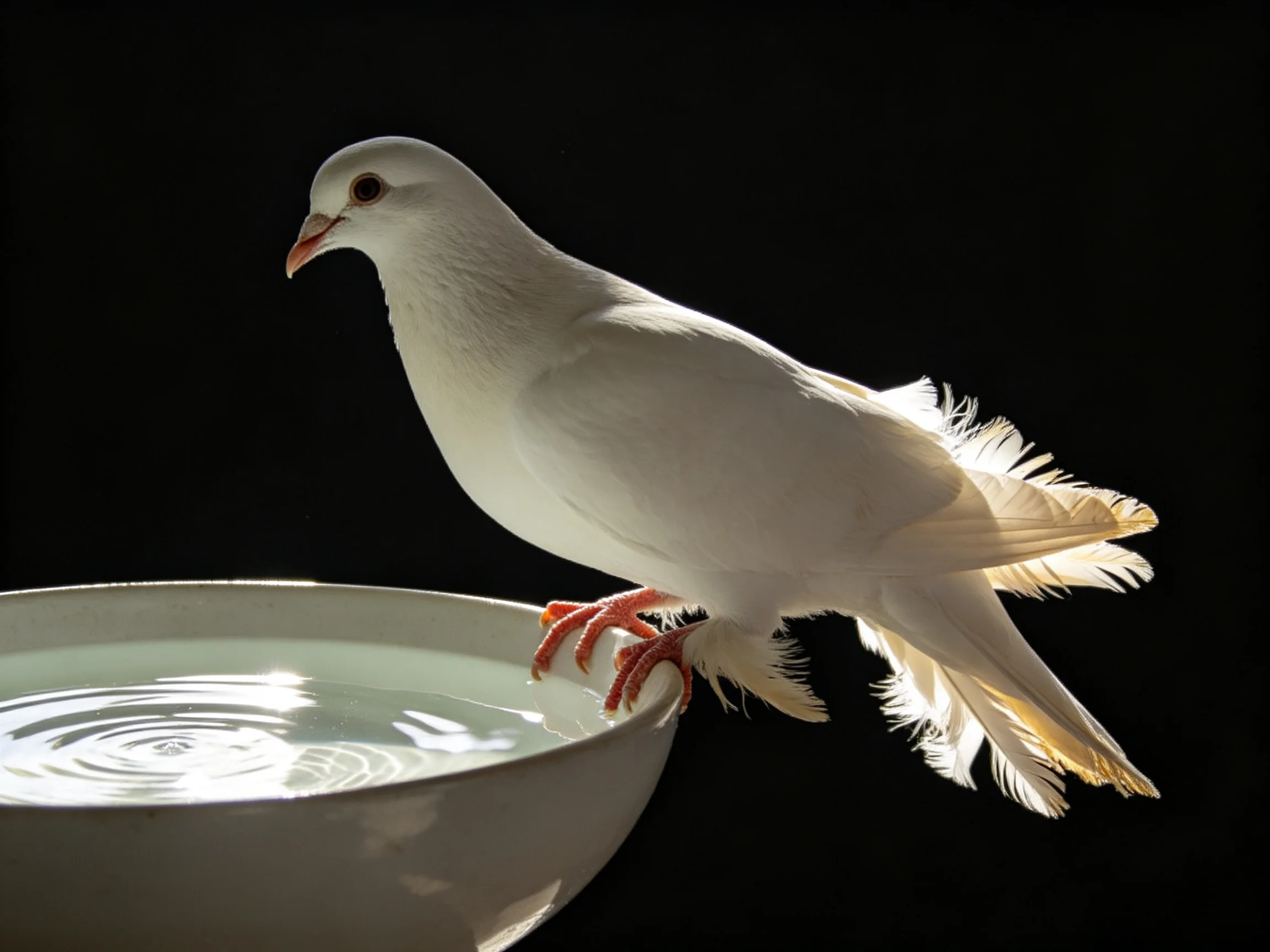 White dove perched on a bowl of water with rippling surface