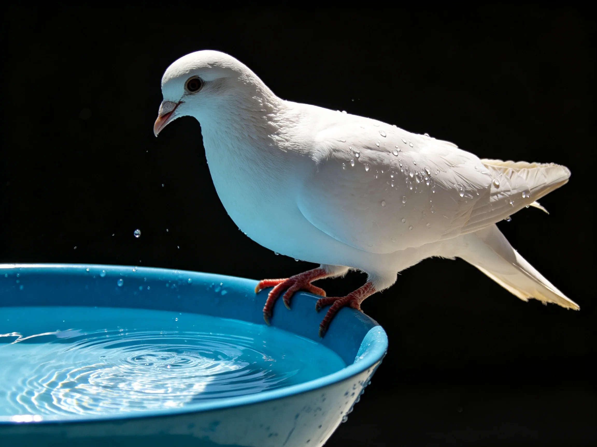 White dove perched on blue water dish with droplets