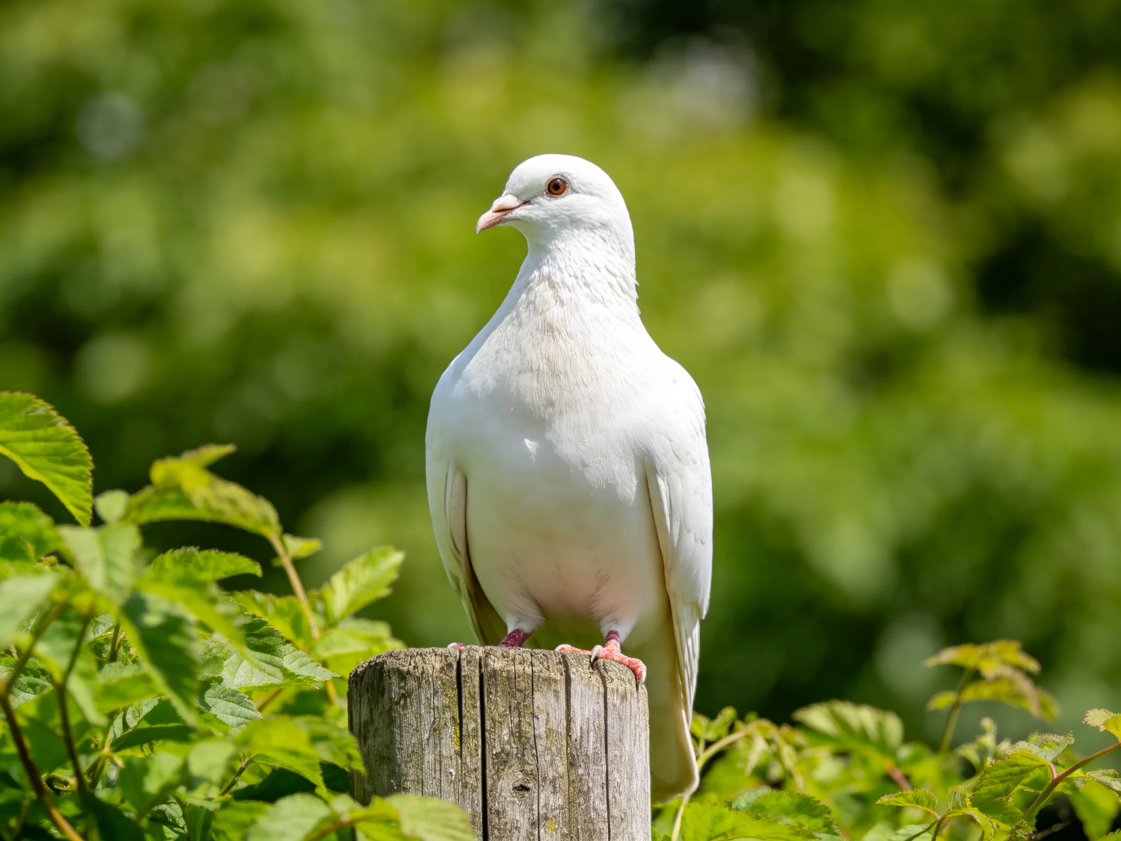 White dove perched on weathered wooden post among lush green foliage