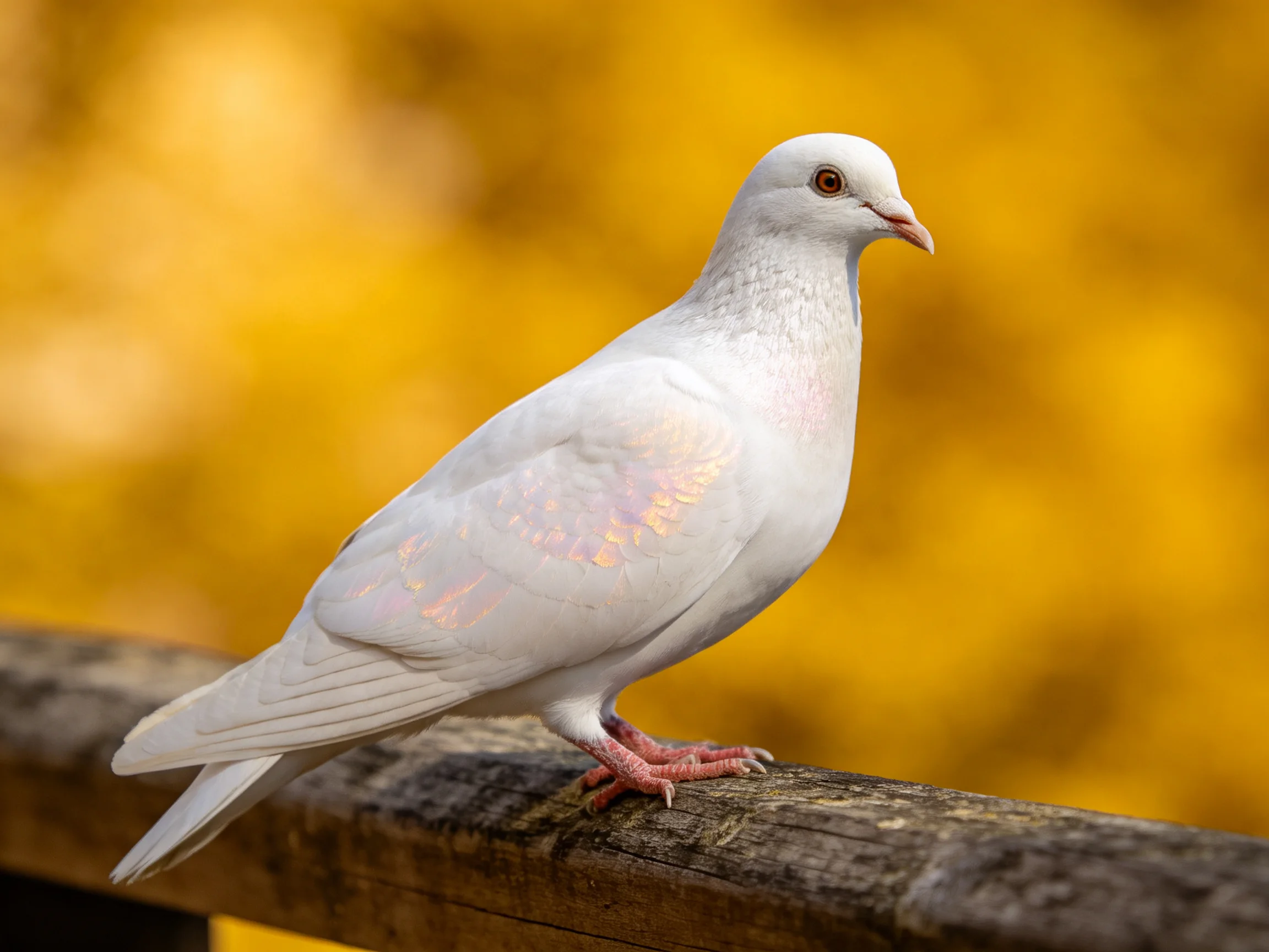 White dove perched on wooden railing against golden autumn backdrop