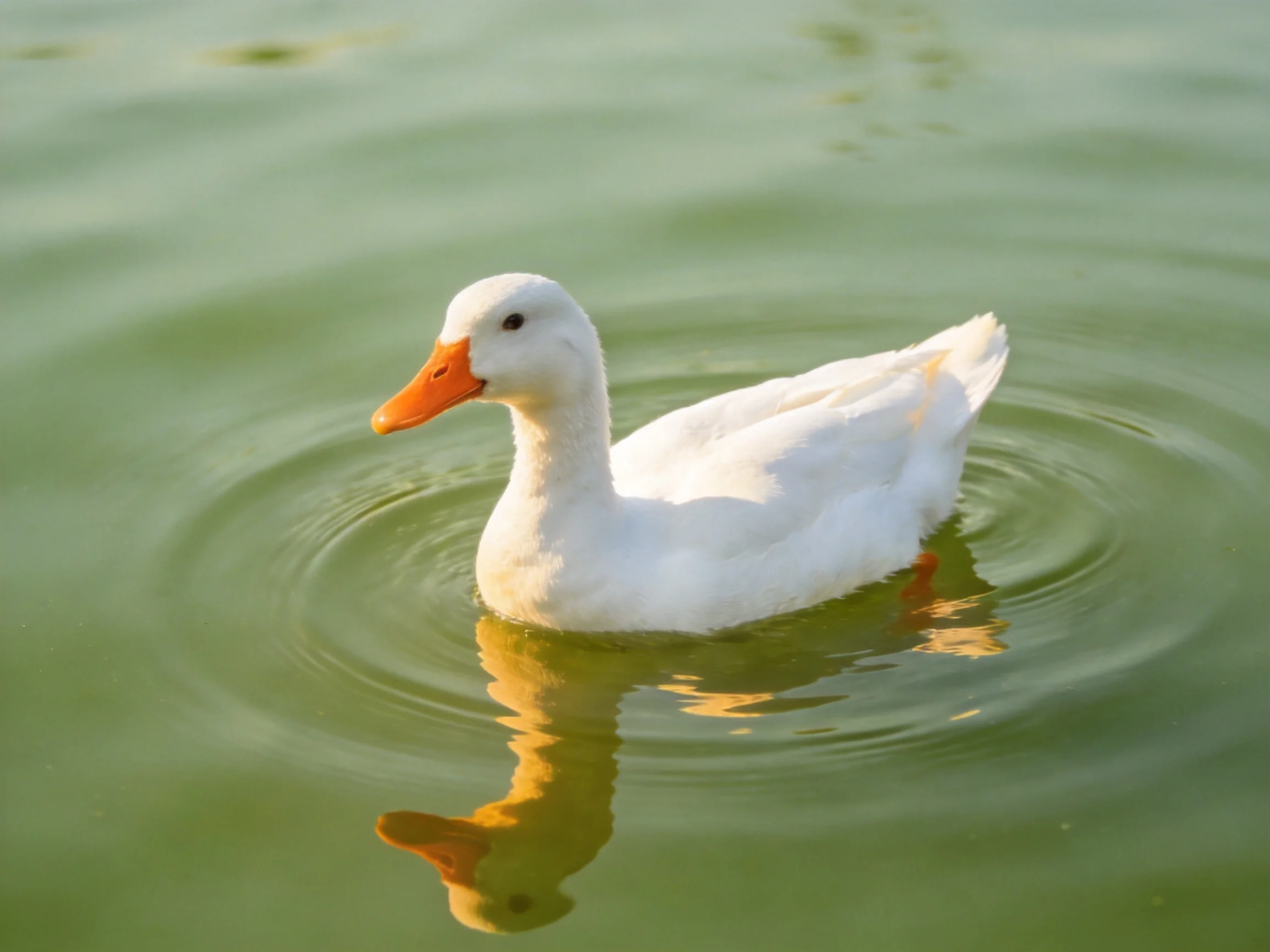 White duck swimming in calm green water