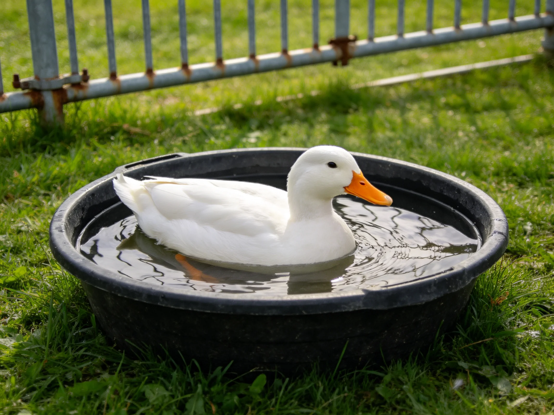 White duck swims in black plastic tub on green grass by metal fence