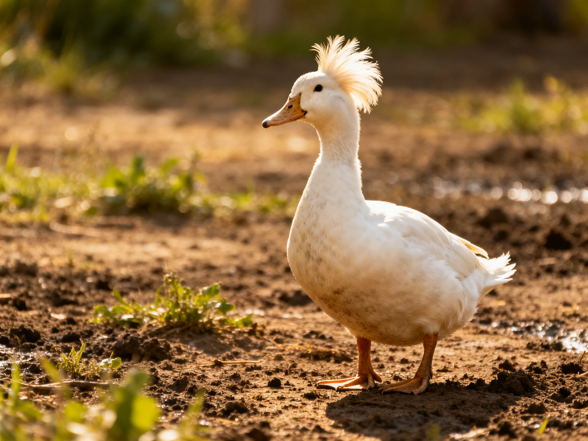 White duck with feathered crest on muddy ground near green vegetation