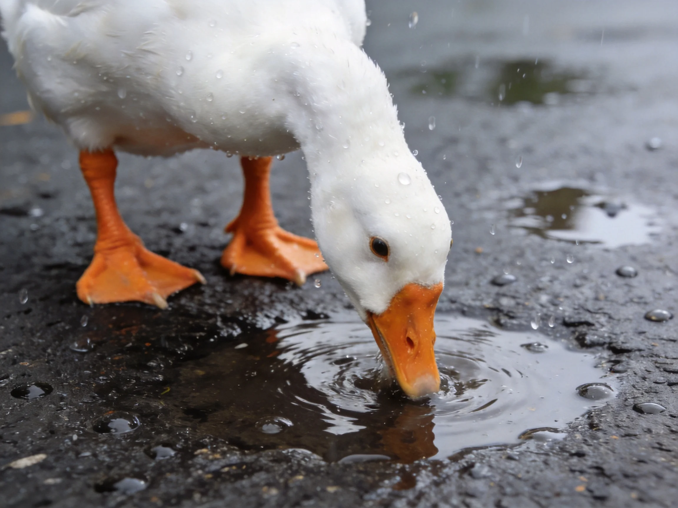 White duck with orange feet drinks from puddle on wet pavement