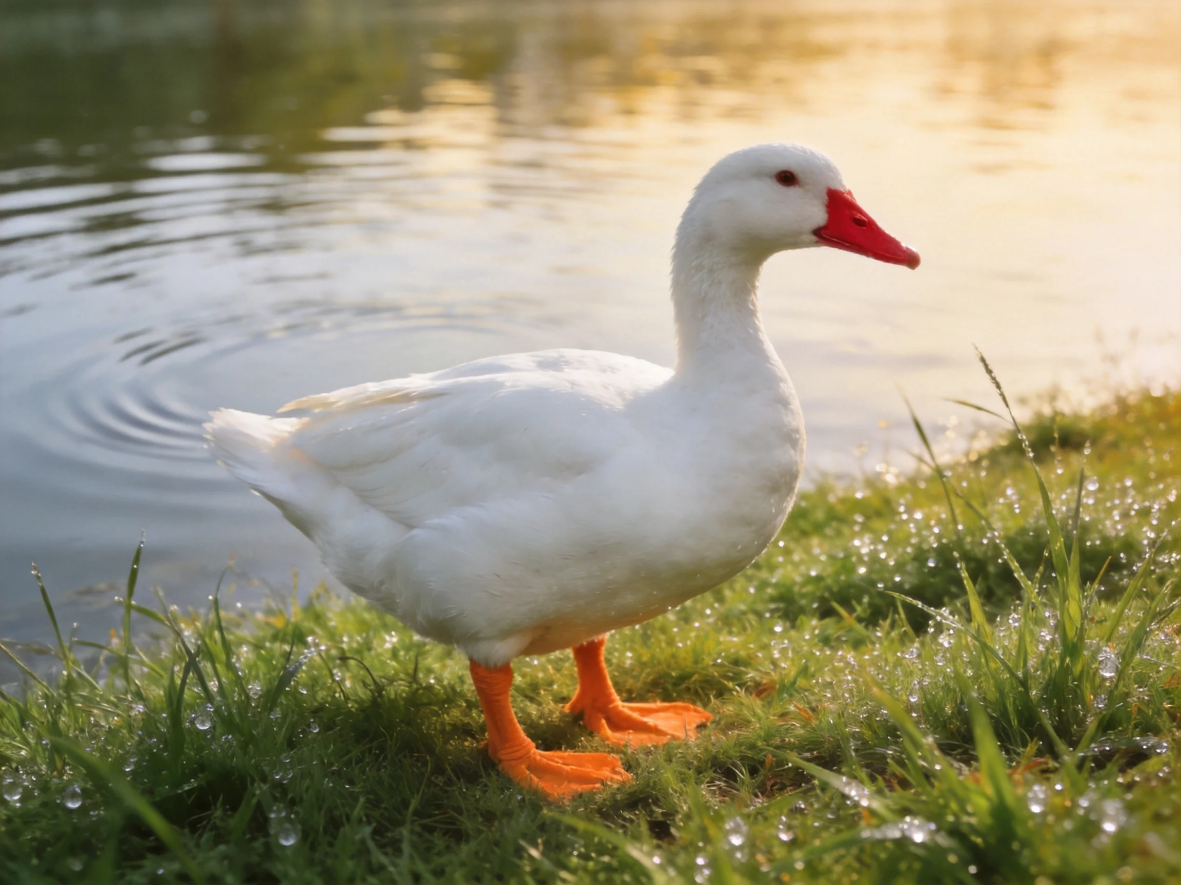 White duck with red beak and orange feet by a calm water edge