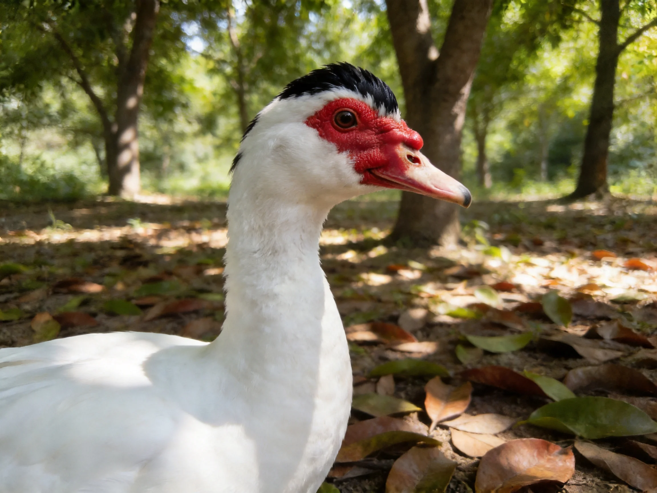 White duck with red face, black crest, in leaf-strewn wooded area