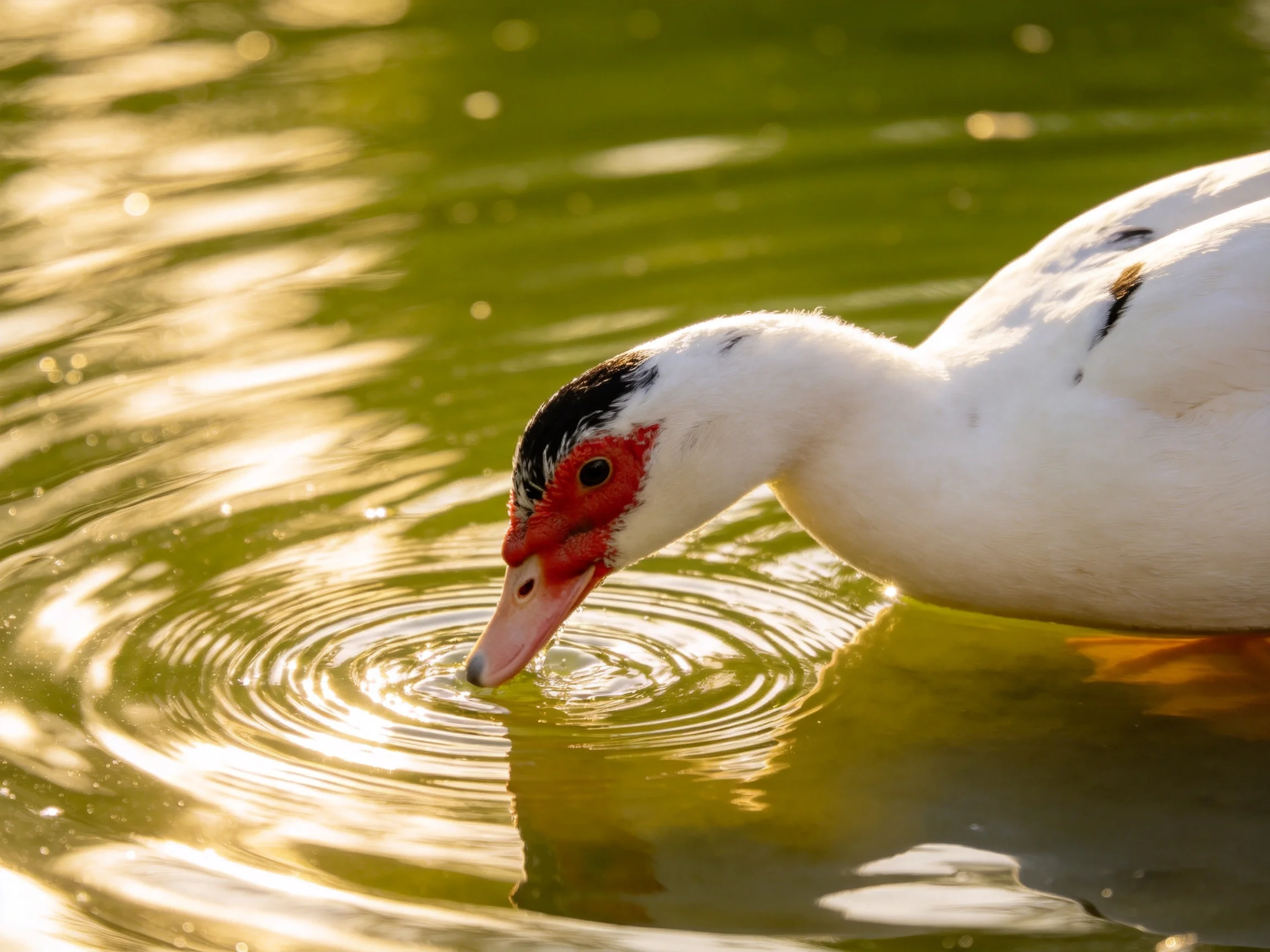 White duck with red face drinks from sunlit green water