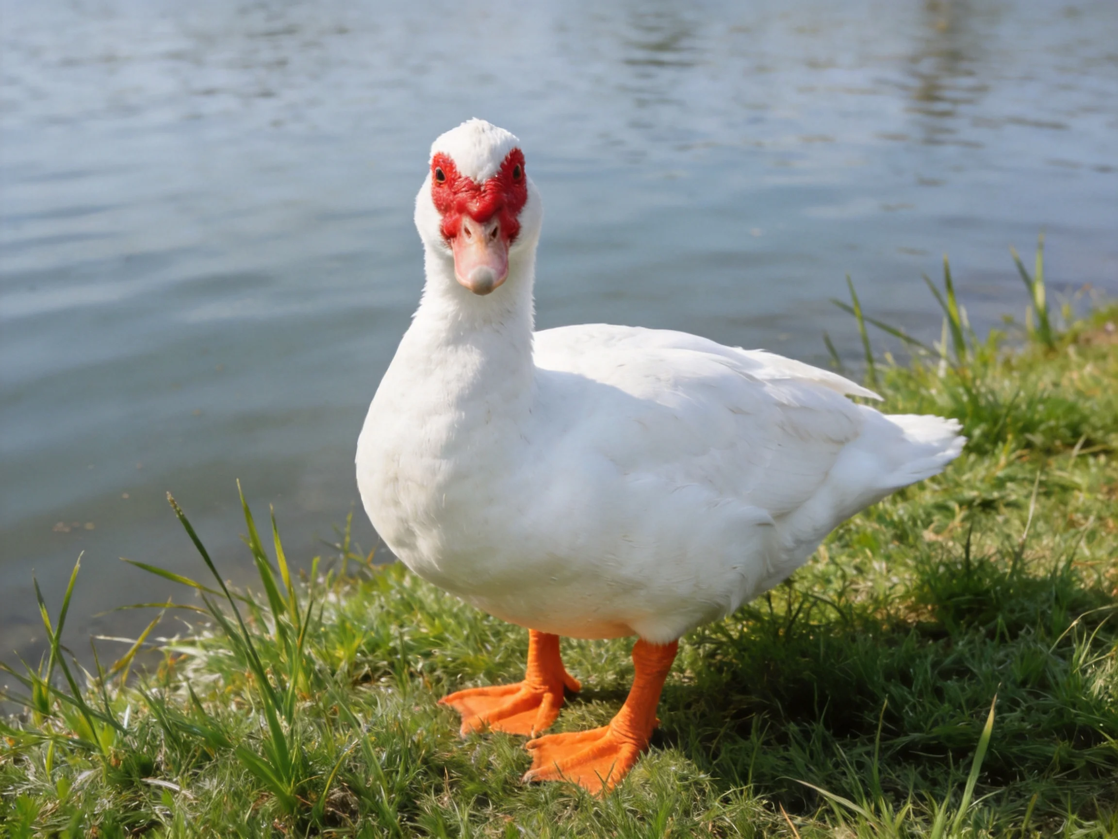 White duck with red facial skin on green grass by calm water