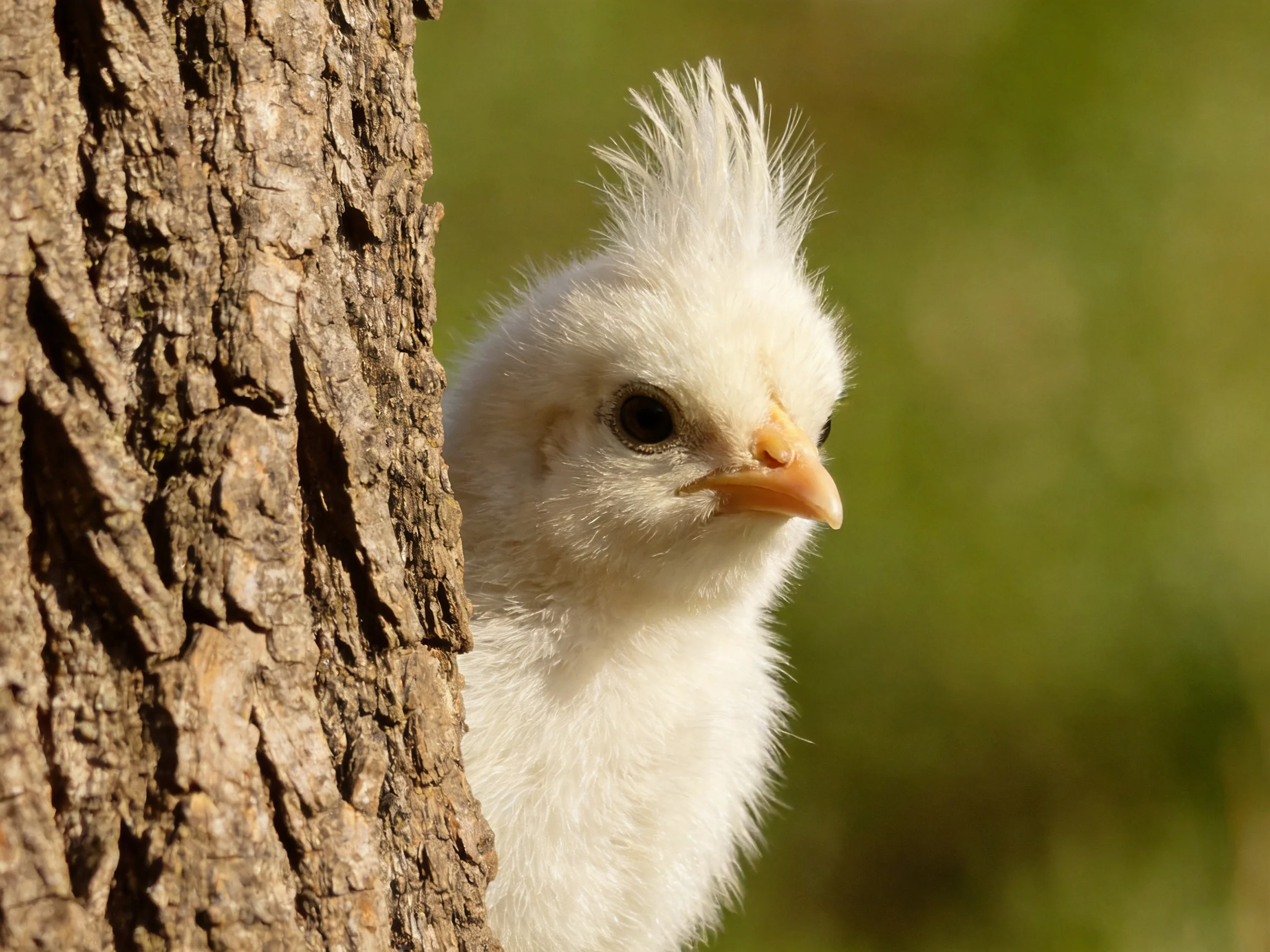 White fluffy chick with spiky crest near textured tree trunk