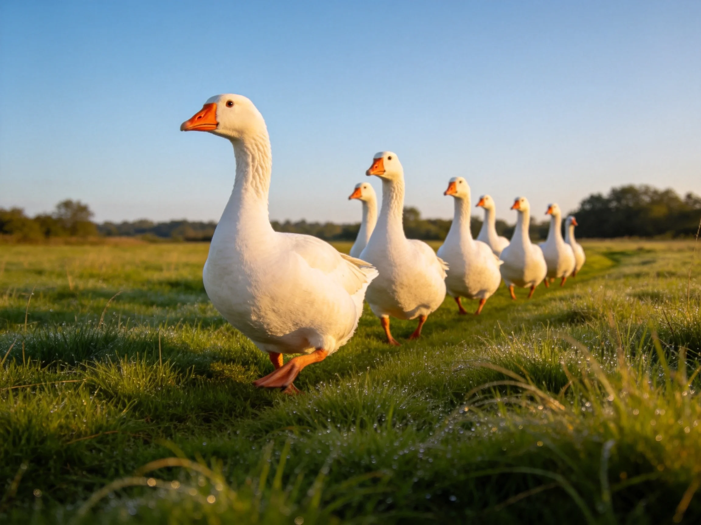 White geese with orange beaks move together across a grassy landscape