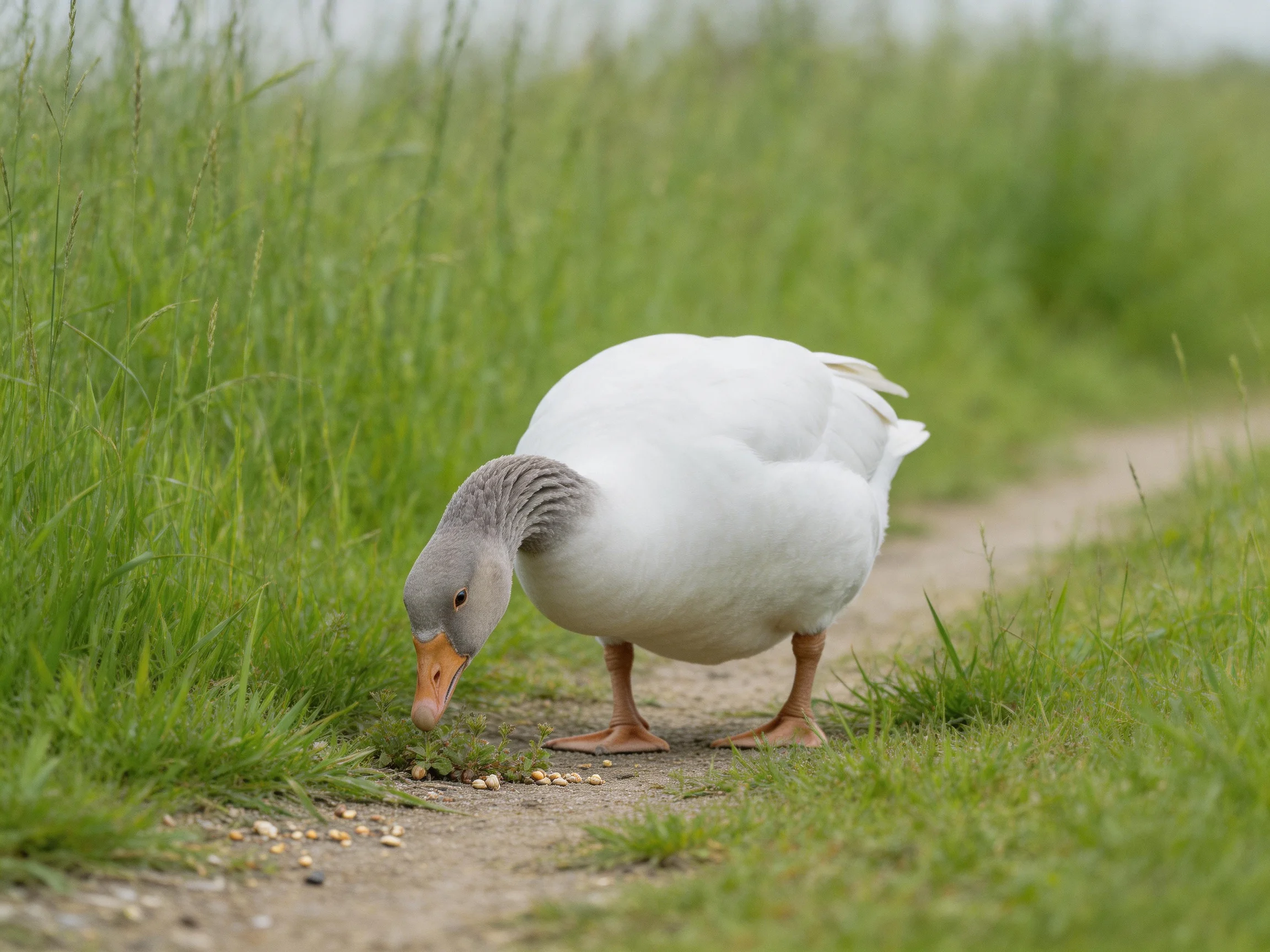 White goose foraging near tall green grass on a dirt path