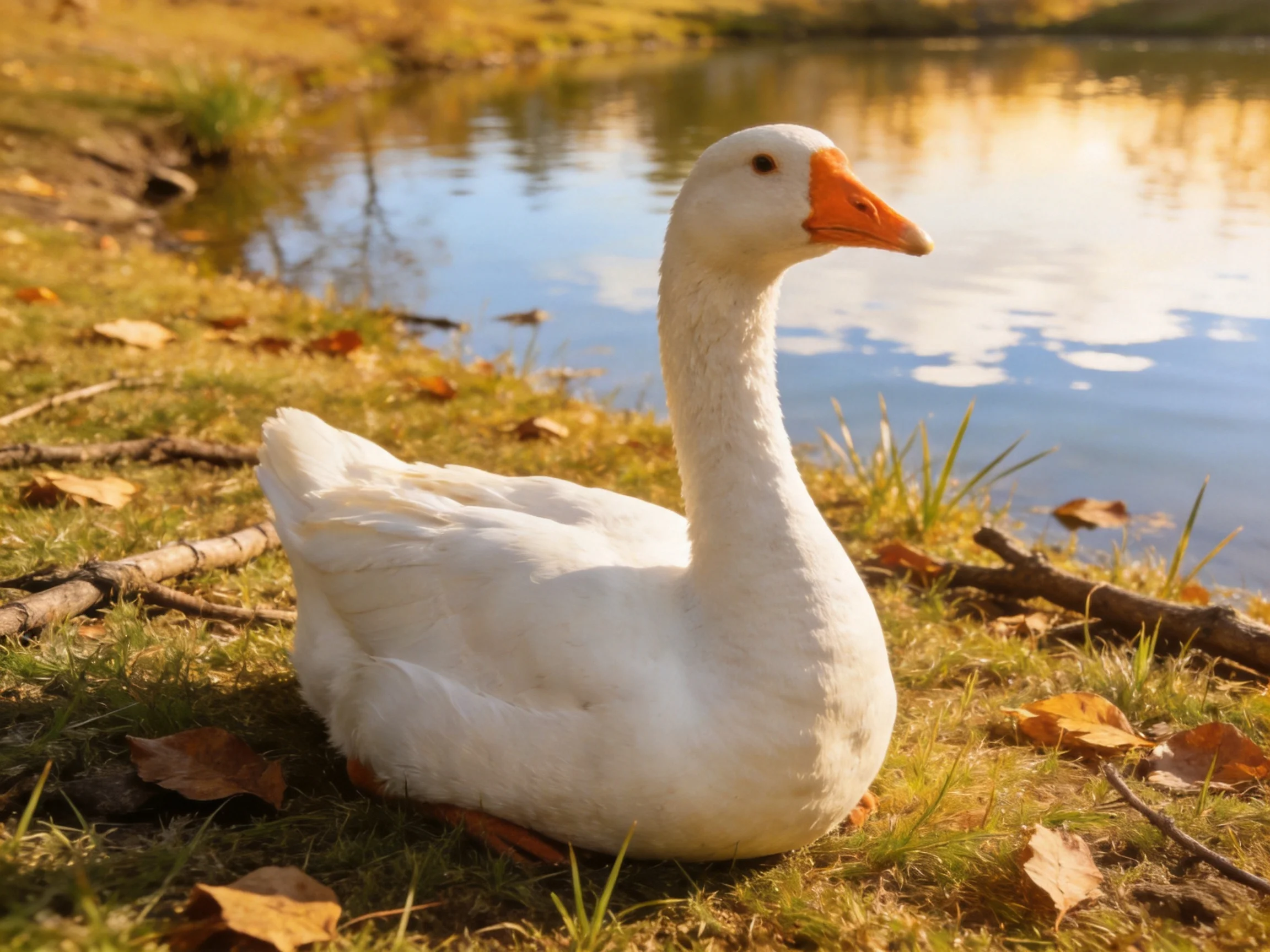 White goose resting on grassy shore beside tranquil pond
