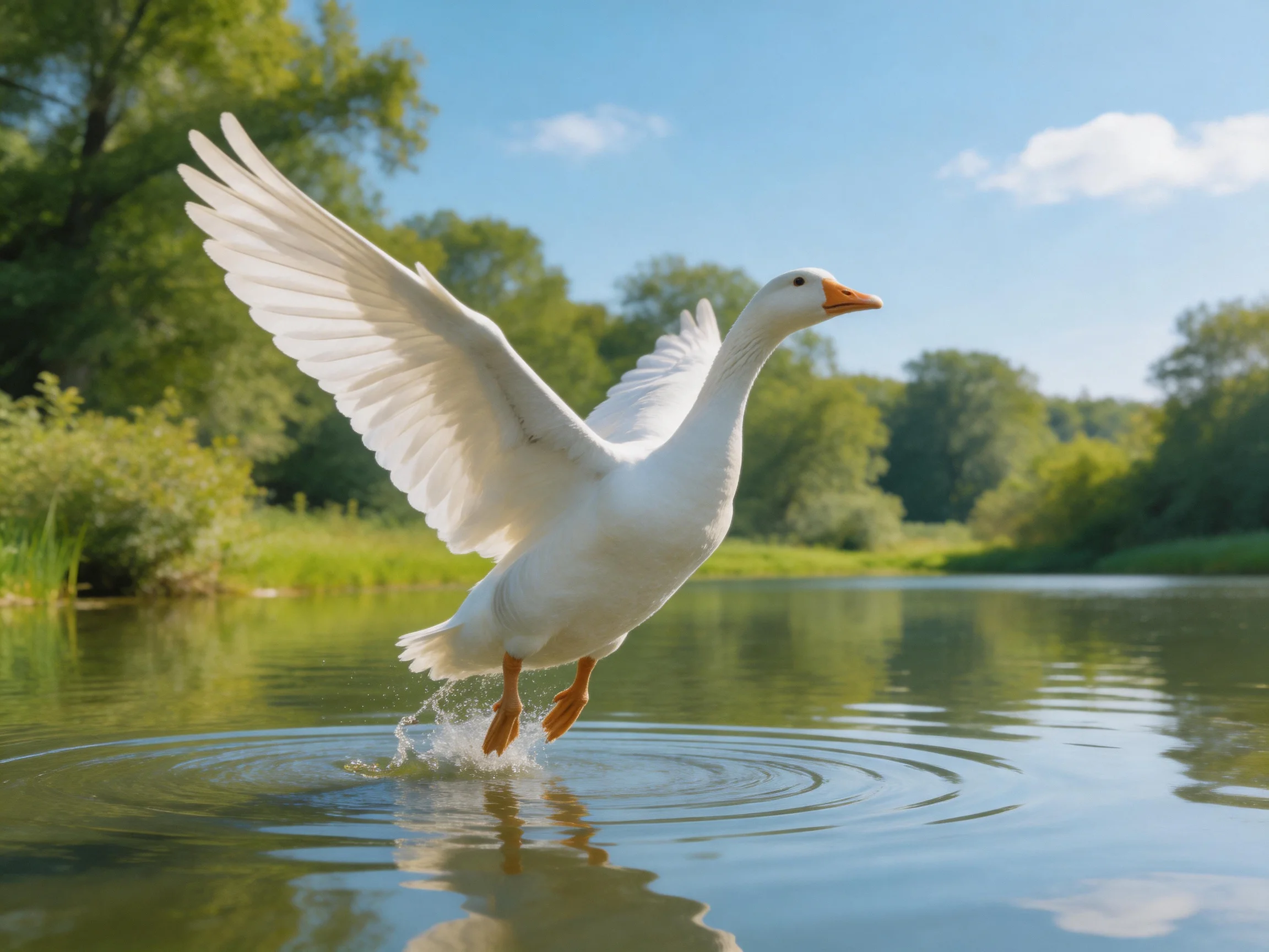 White goose spreads wings over rippling water near green trees