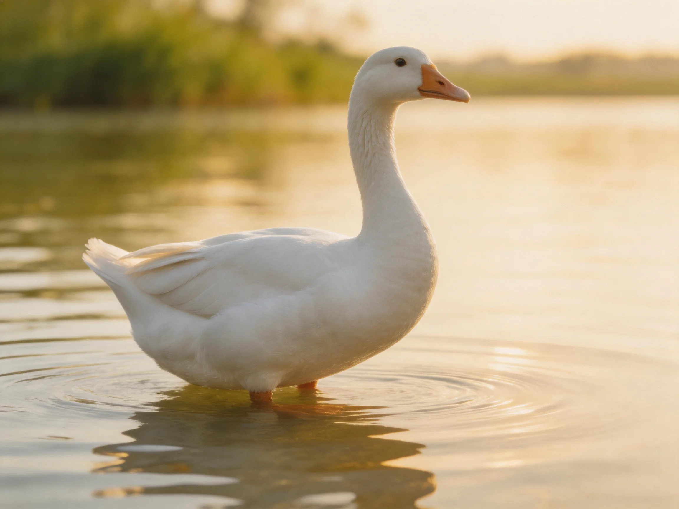 White goose swimming in calm water under golden sunlight