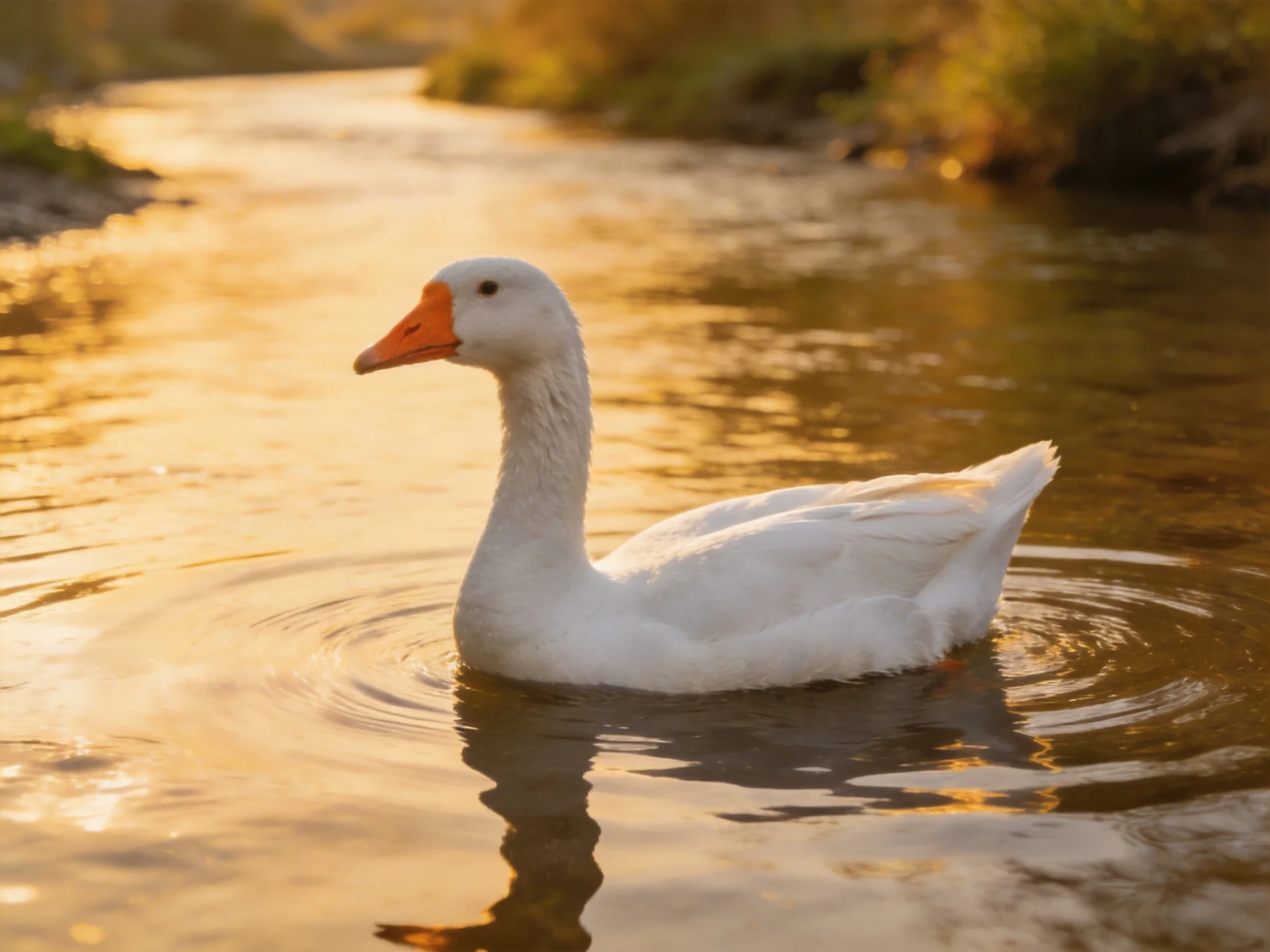 White goose swimming in golden river waters at sunset